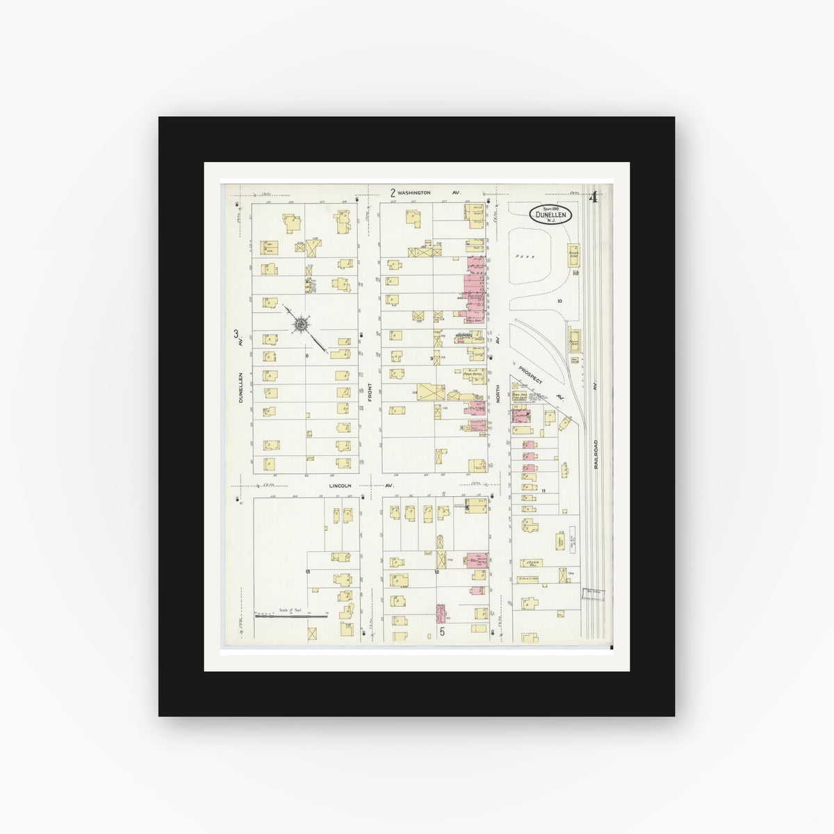 Old map wall art mockup — black gallery frame with white mat — Sanborn Fire Insurance Map from Dunellen, Middlesex County, New Jersey (1910), Sheet #0004