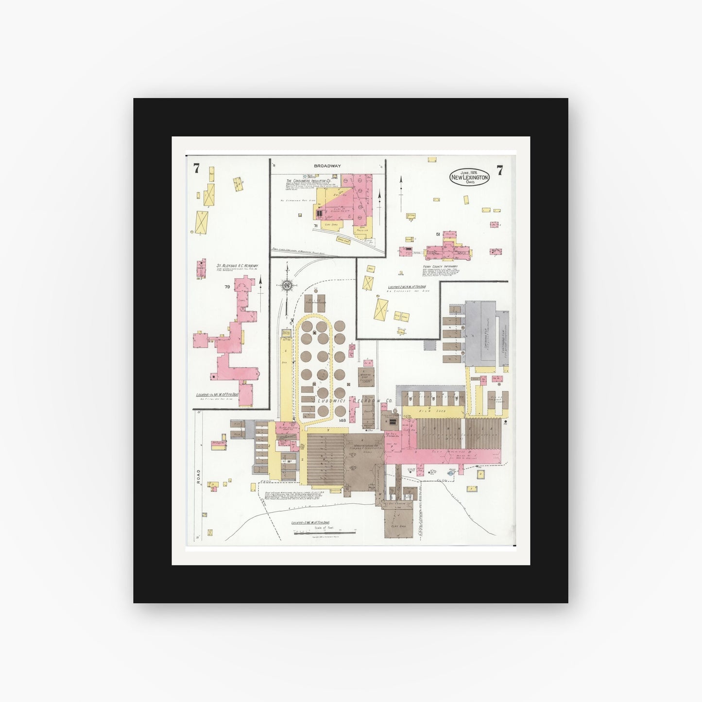 Old map wall art mockup — black gallery frame with white mat — Sanborn Fire Insurance Map from New Lexington, Perry County, Ohio (1926), Sheet #0007