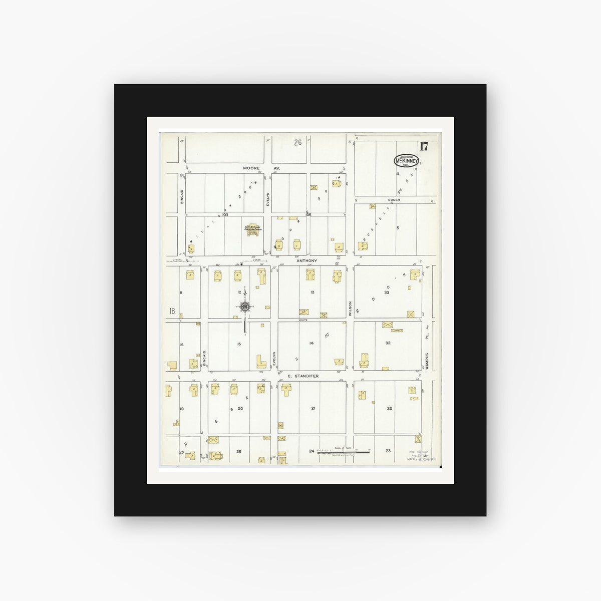 Old map wall art mockup — black gallery frame with white mat — Sanborn Fire Insurance Map from McKinney, Collin County, Texas (1920), Sheet #0017