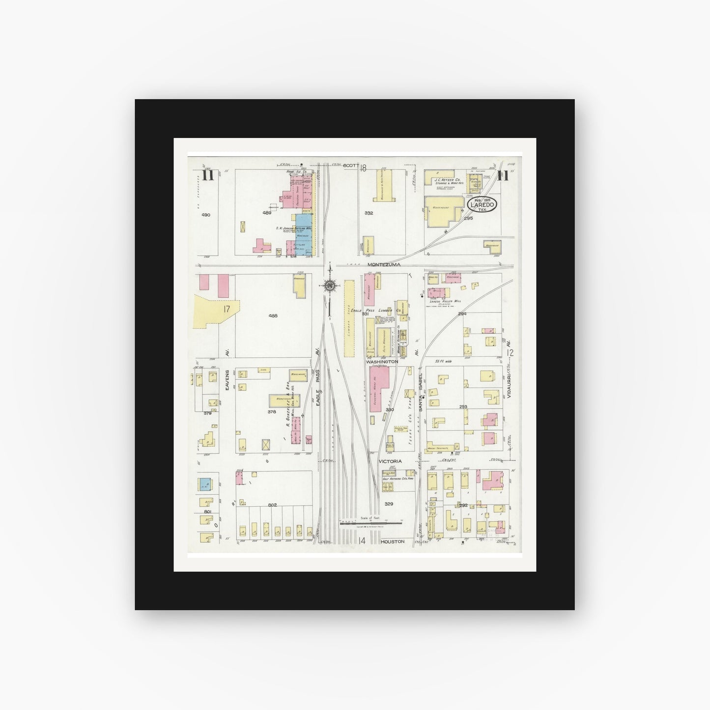 Old map wall art mockup — black gallery frame with white mat — Sanborn Fire Insurance Map from Laredo, Webb County, Texas (1925), Sheet #0011