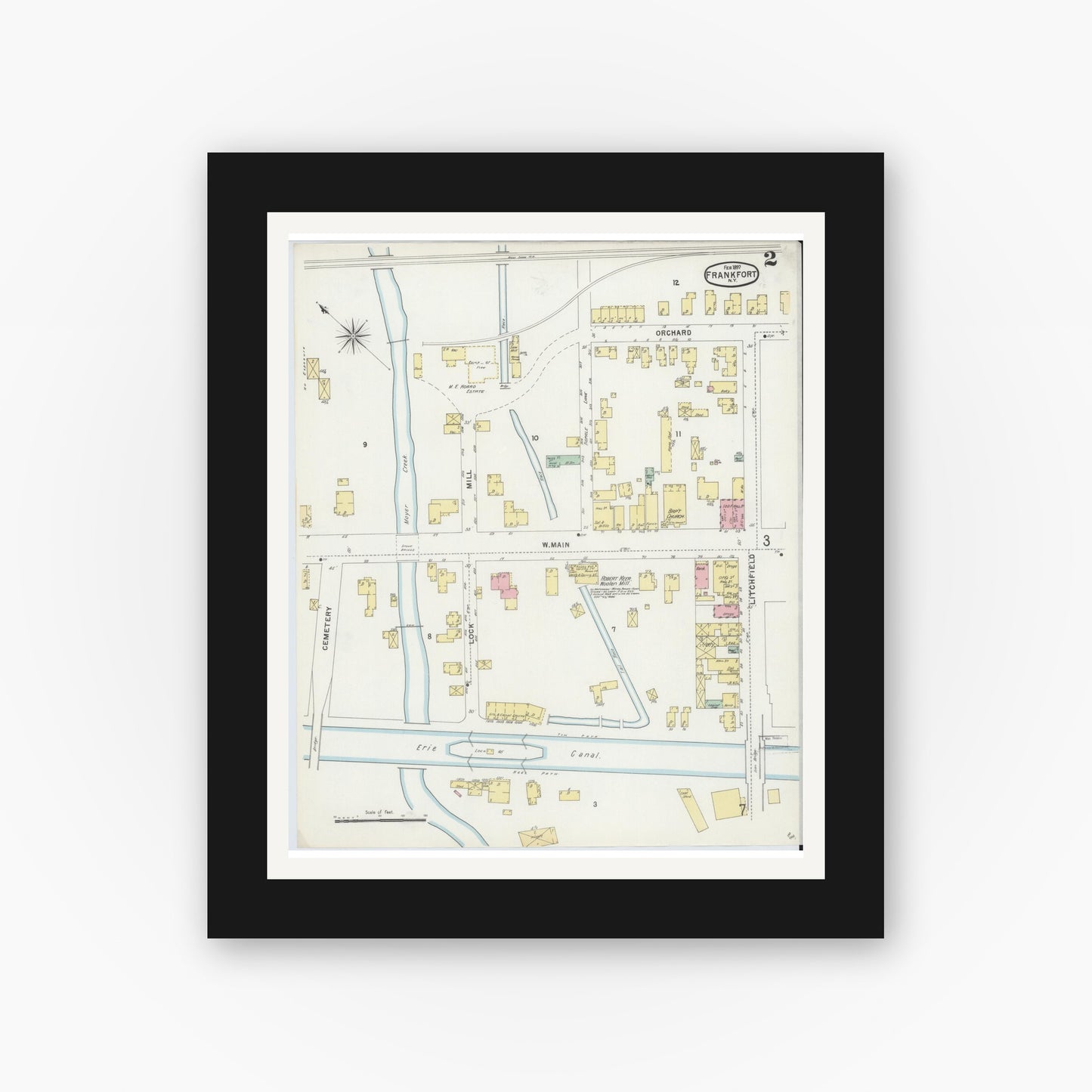 Old map wall art mockup — black gallery frame with white mat — Sanborn Fire Insurance Map from Frankfort, Herkimer County, New York (1897), Sheet #0002