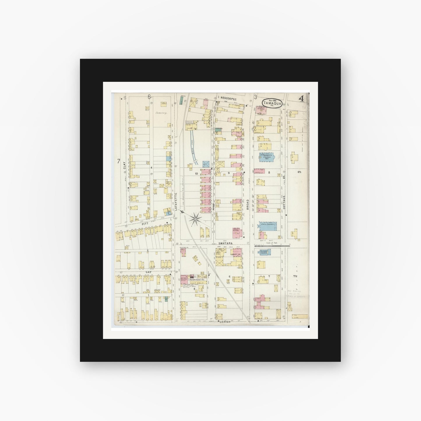 Old map wall art mockup — black gallery frame with white mat — Sanborn Fire Insurance Map from Tamaqua, Schuylkill County, Pennsylvania (1896), Sheet #0004