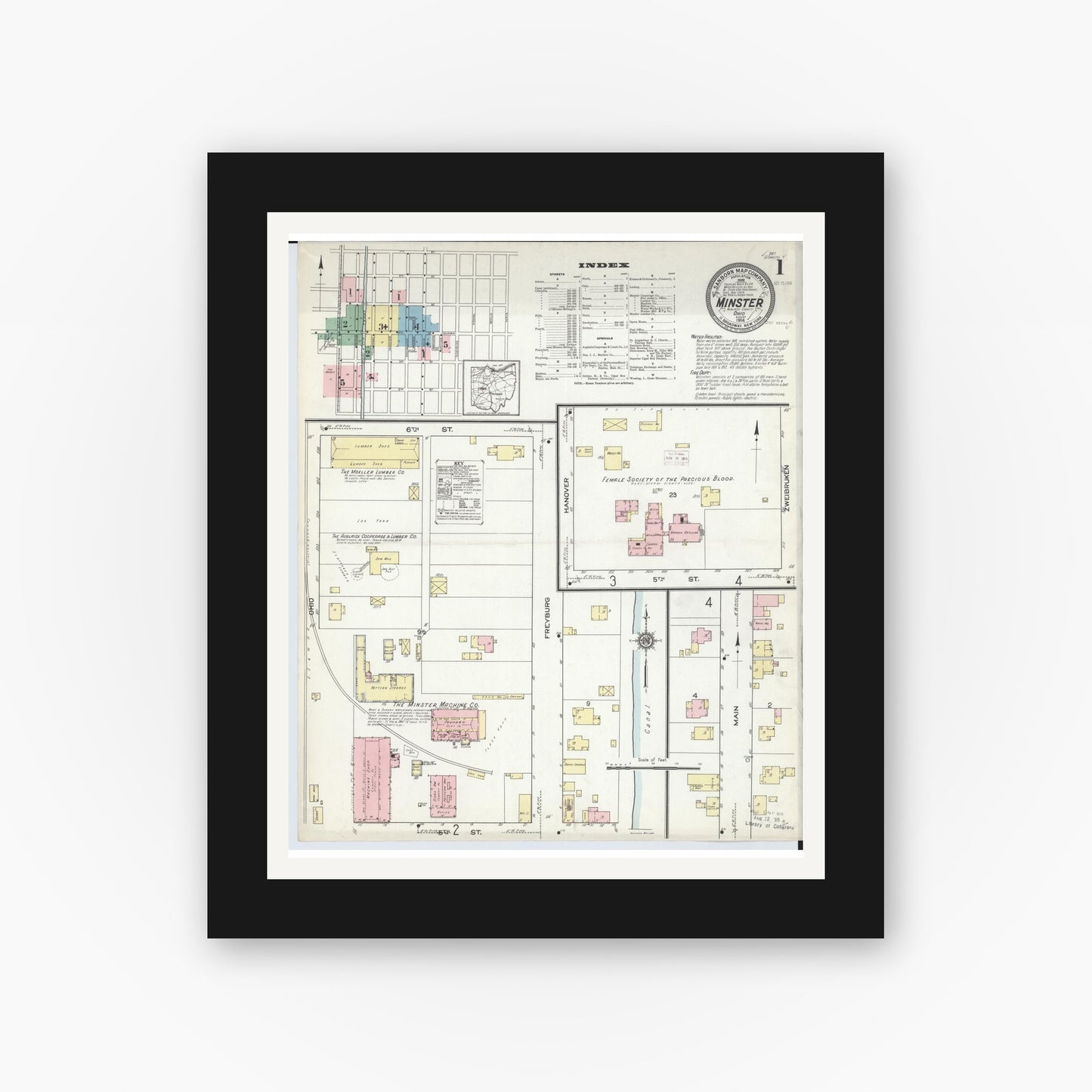 Old map wall art mockup — black gallery frame with white mat — Sanborn Fire Insurance Map from Minster, Auglaize County, Ohio (1914) - Complete Map Set