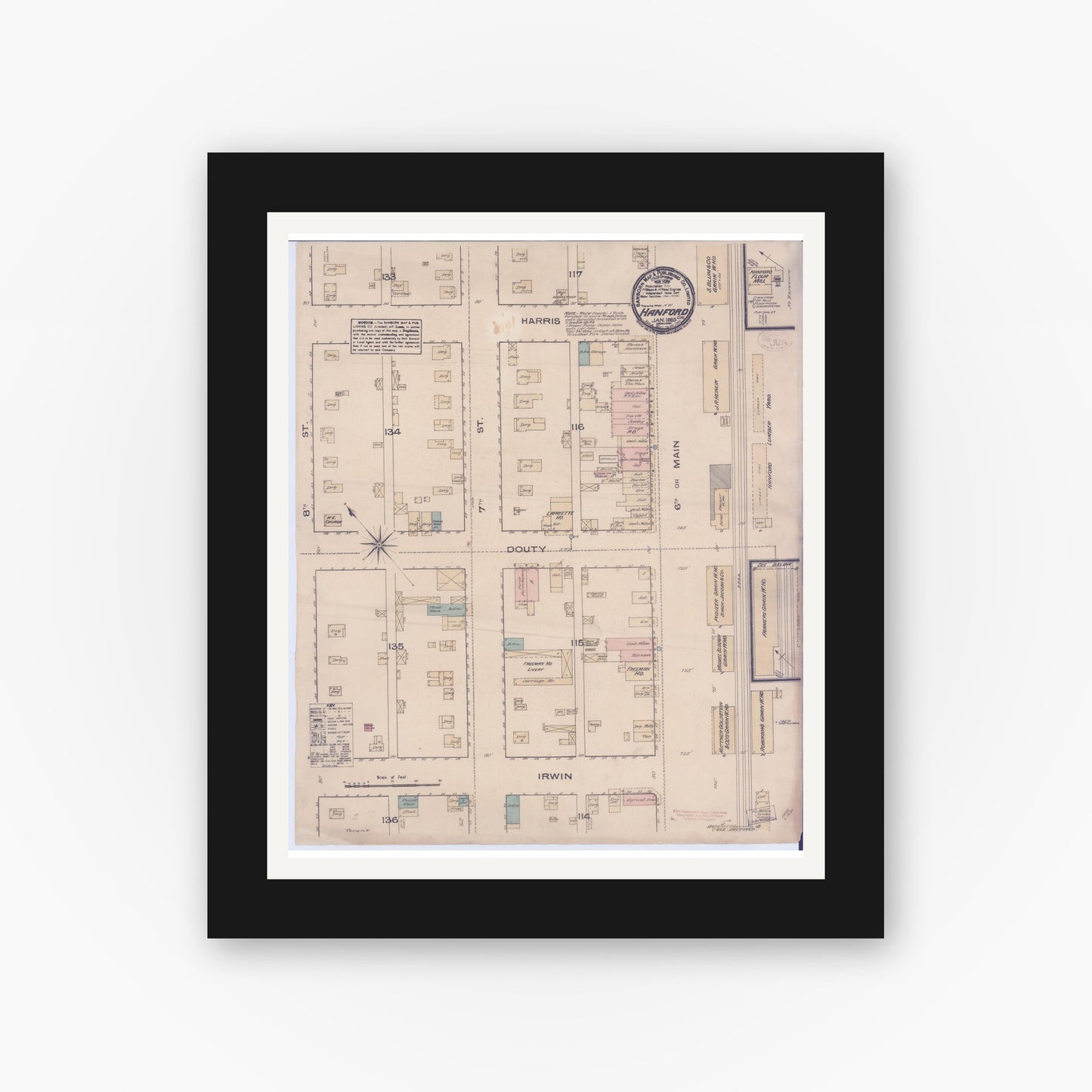 Old map wall art mockup — black gallery frame with white mat — Sanborn Fire Insurance Map from Hanford, Kings County, California (1885), Sheet #0001