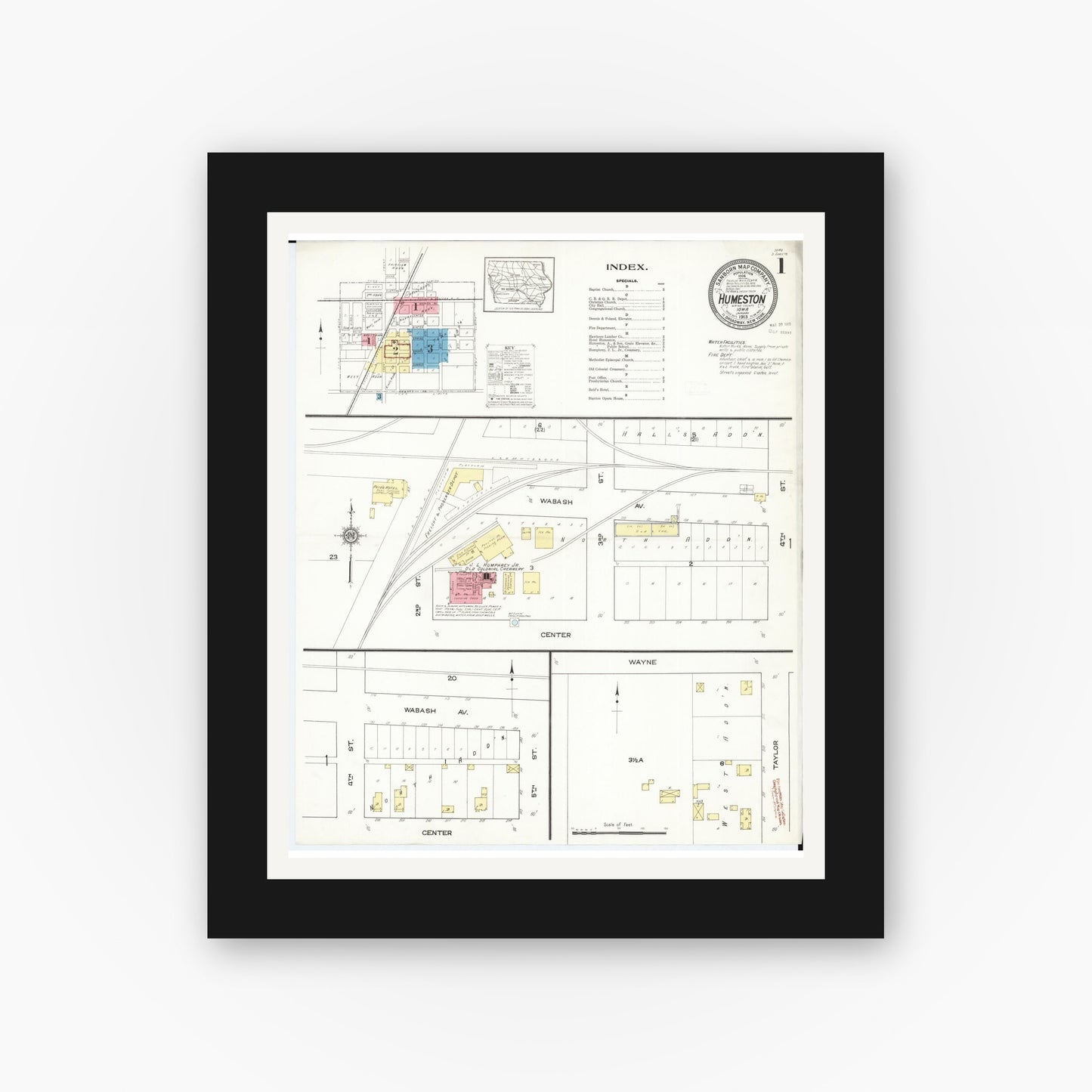 Old map wall art mockup — black gallery frame with white mat — Sanborn Fire Insurance Map from Humeston, Wayne County, Iowa (1913), Sheet #0001