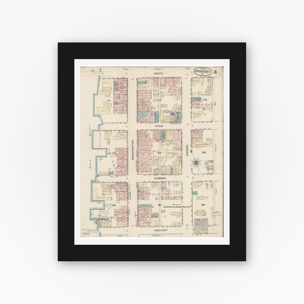 Old map wall art mockup — black gallery frame with white mat — Sanborn Fire Insurance Map from Green Bay, Brown County, Wisconsin (1883), Sheet #0003