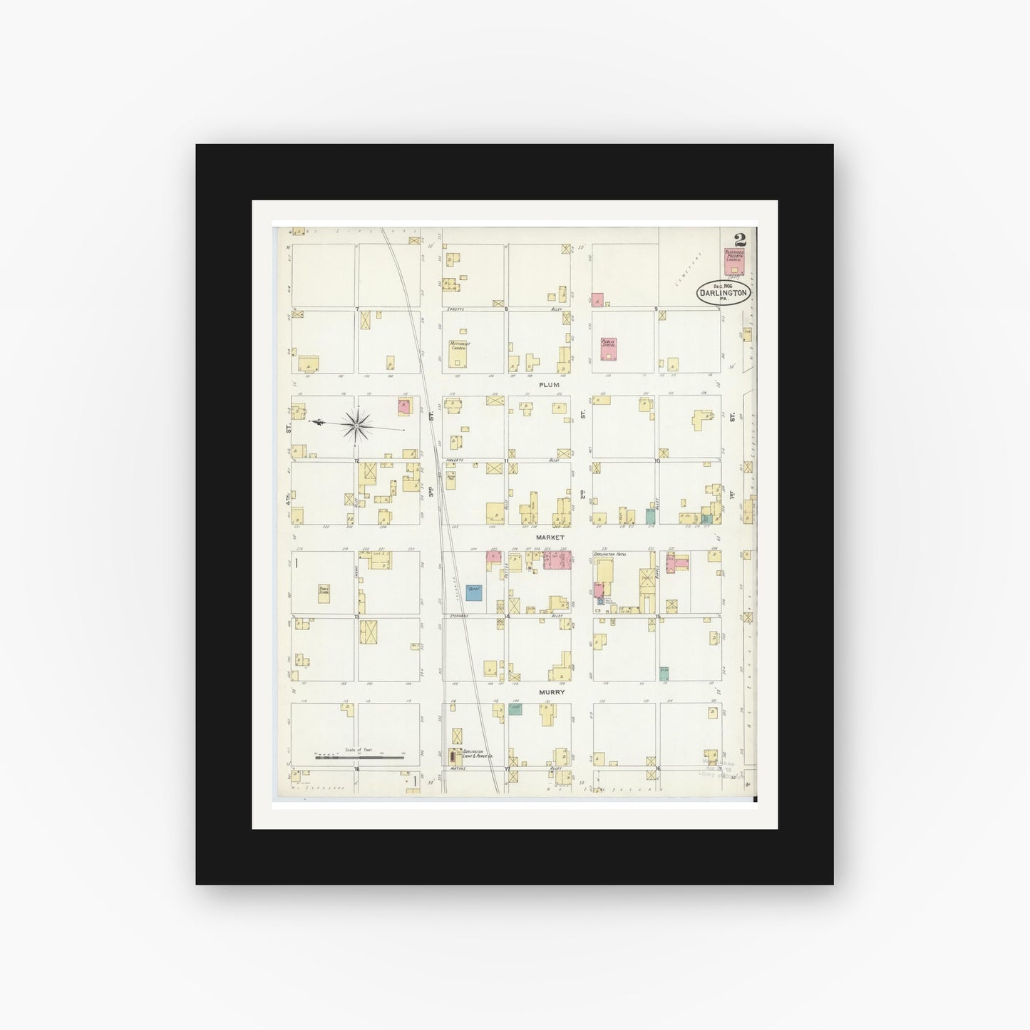 Old map wall art mockup — black gallery frame with white mat — Sanborn Fire Insurance Map from Darlington, Beaver County, Pennsylvania (1906), Sheet #0002