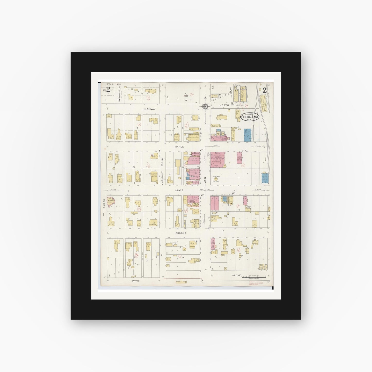 Old map wall art mockup — black gallery frame with white mat — Sanborn Fire Insurance Map from Central Lake, Antrim County, Michigan (1929), Sheet #0002