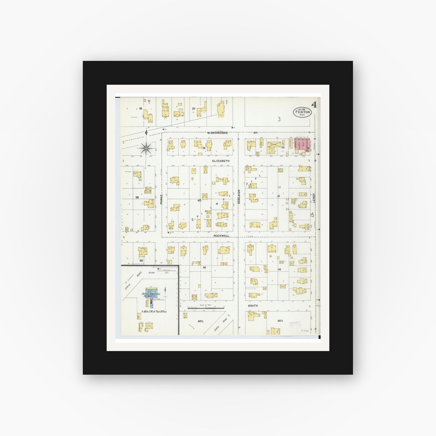 Old map wall art mockup — black gallery frame with white mat — Sanborn Fire Insurance Map from Fenton, Genesee County, Michigan (1901), Sheet #0004