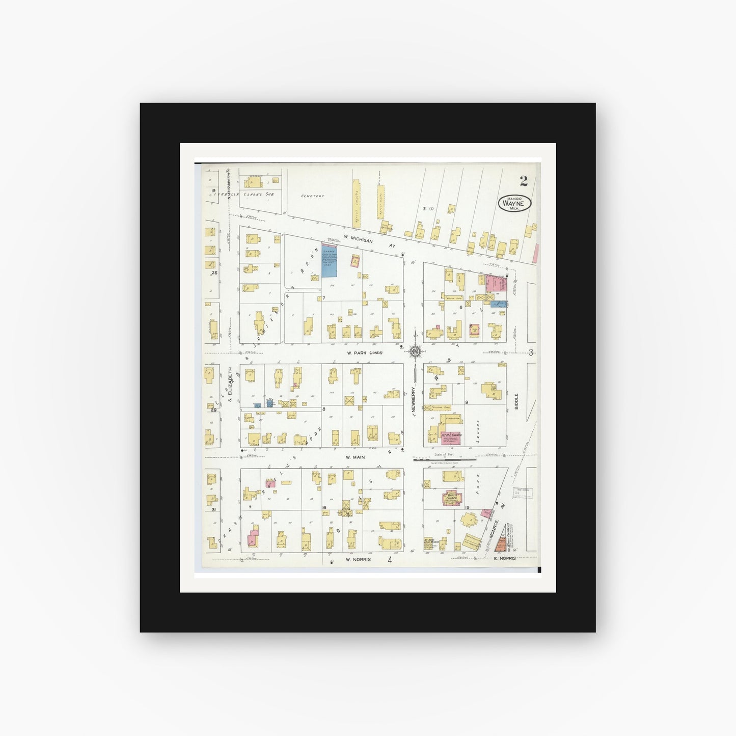 Old map wall art mockup — black gallery frame with white mat — Sanborn Fire Insurance Map from Wayne, Wayne County, Michigan (1919), Sheet #0002