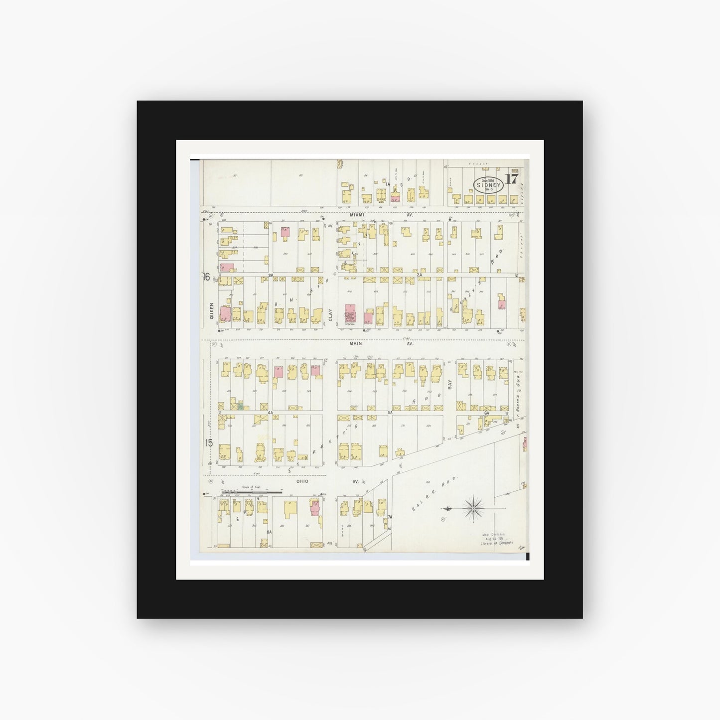 Old map wall art mockup — black gallery frame with white mat — Sanborn Fire Insurance Map from Sidney, Shelby County, Ohio (1898), Sheet #0017