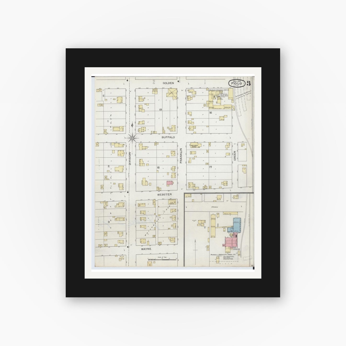 Old map wall art mockup — black gallery frame with white mat — Sanborn Fire Insurance Map from Polo, Ogle County, Illinois (1893), Sheet #0003