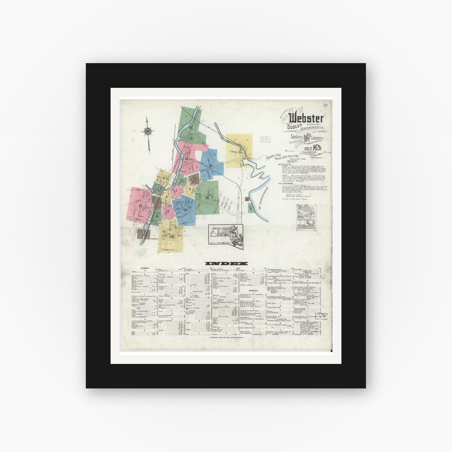 Old map wall art mockup — black gallery frame with white mat — Sanborn Fire Insurance Map from Webster, Worcester County, Massachusetts (1920), Sheet #0001