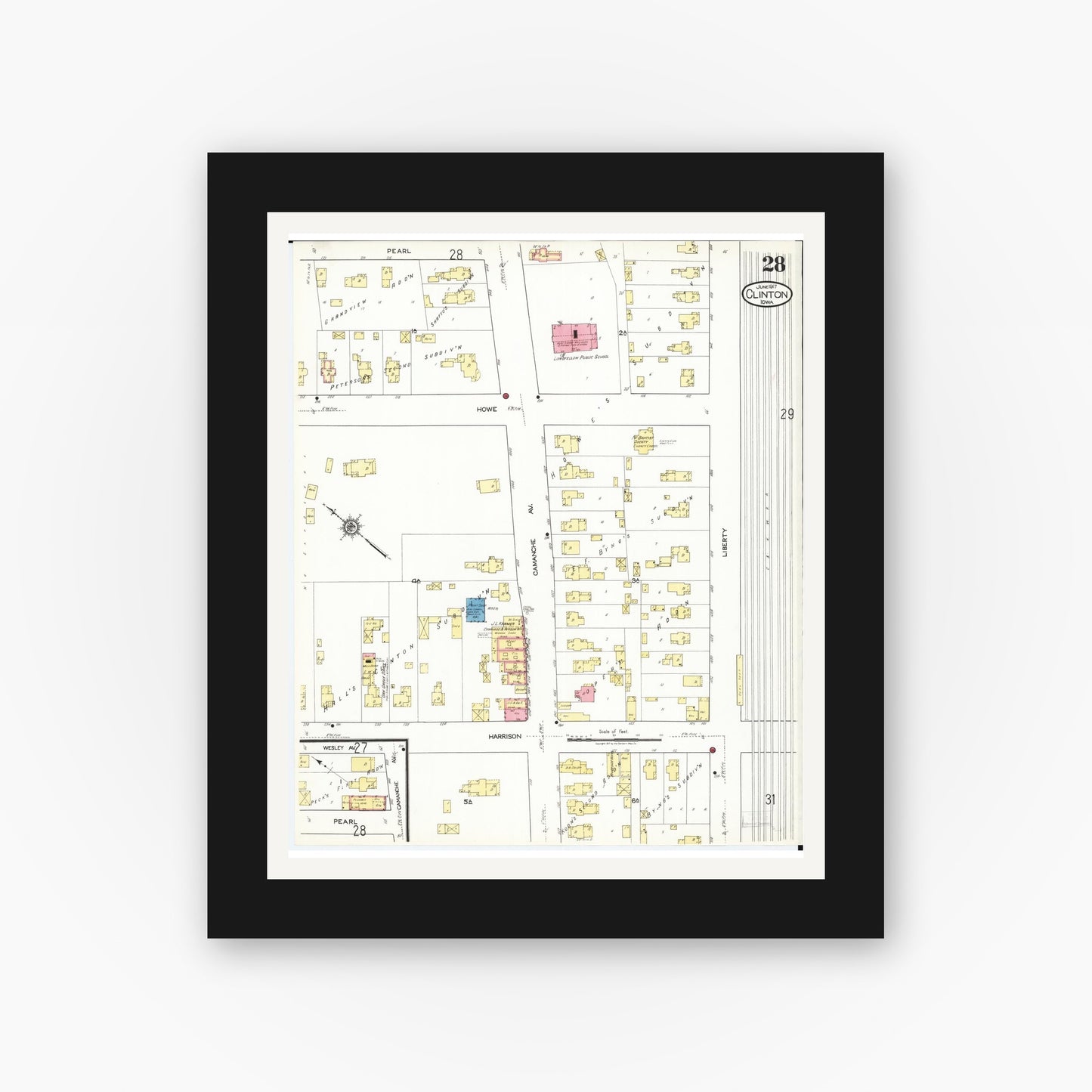 Old map wall art mockup — black gallery frame with white mat — Sanborn Fire Insurance Map from Clinton, Clinton County, Iowa (1917), Sheet #0028