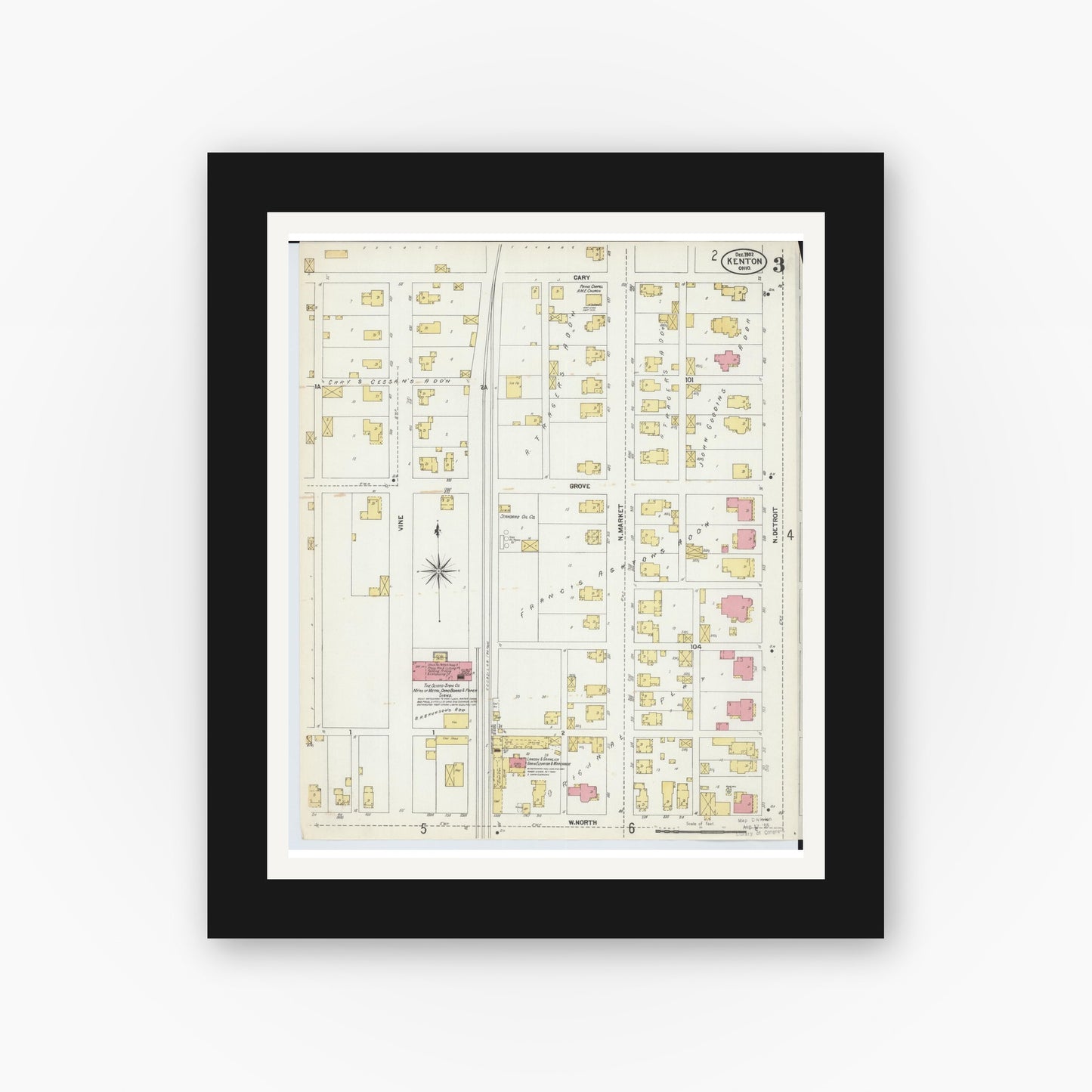 Old map wall art mockup — black gallery frame with white mat — Sanborn Fire Insurance Map from Kenton, Hardin County, Ohio (1902), Sheet #0003