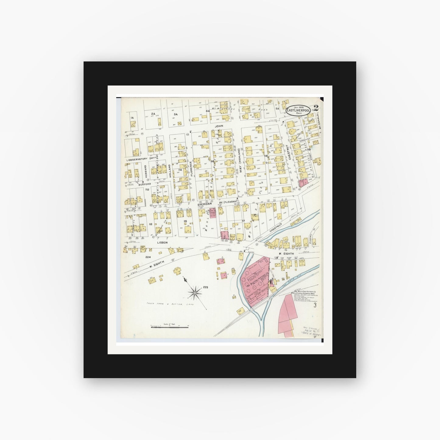 Old map wall art mockup — black gallery frame with white mat — Sanborn Fire Insurance Map from East Liverpool, Columbiana County, Ohio (1908), Sheet #0002