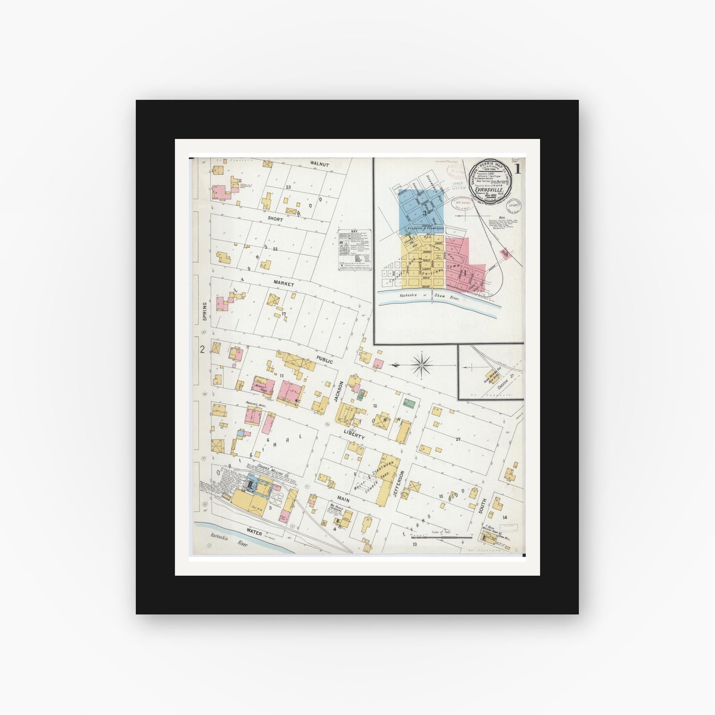 Old map wall art mockup — black gallery frame with white mat — Sanborn Fire Insurance Map from Evansville, Randolph County, Illinois (1899), Sheet #0001