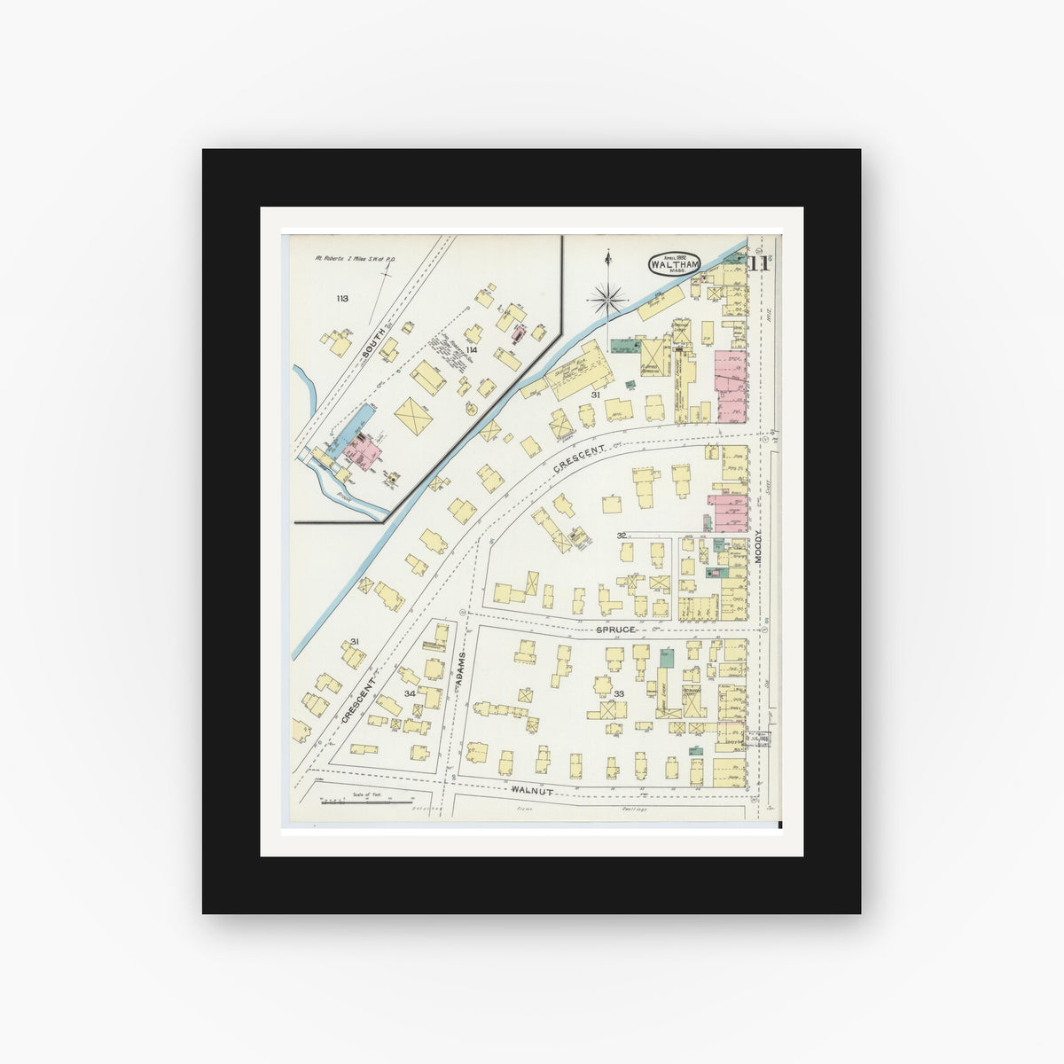 Old map wall art mockup — black gallery frame with white mat — Sanborn Fire Insurance Map from Waltham, Middlesex County, Massachusetts (1892), Sheet #0011