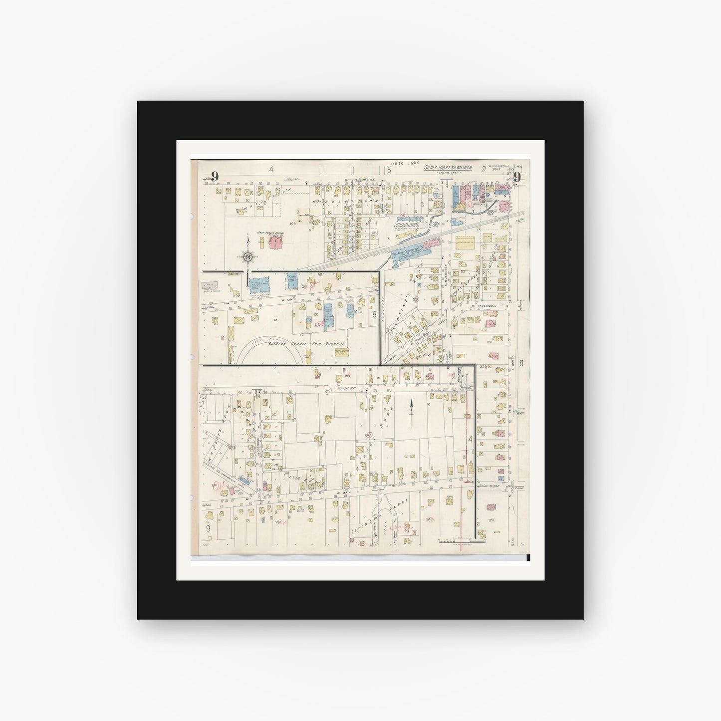 Old map wall art mockup — black gallery frame with white mat — Sanborn Fire Insurance Map from Wilmington, Clinton County, Ohio (1949), Sheet #0009