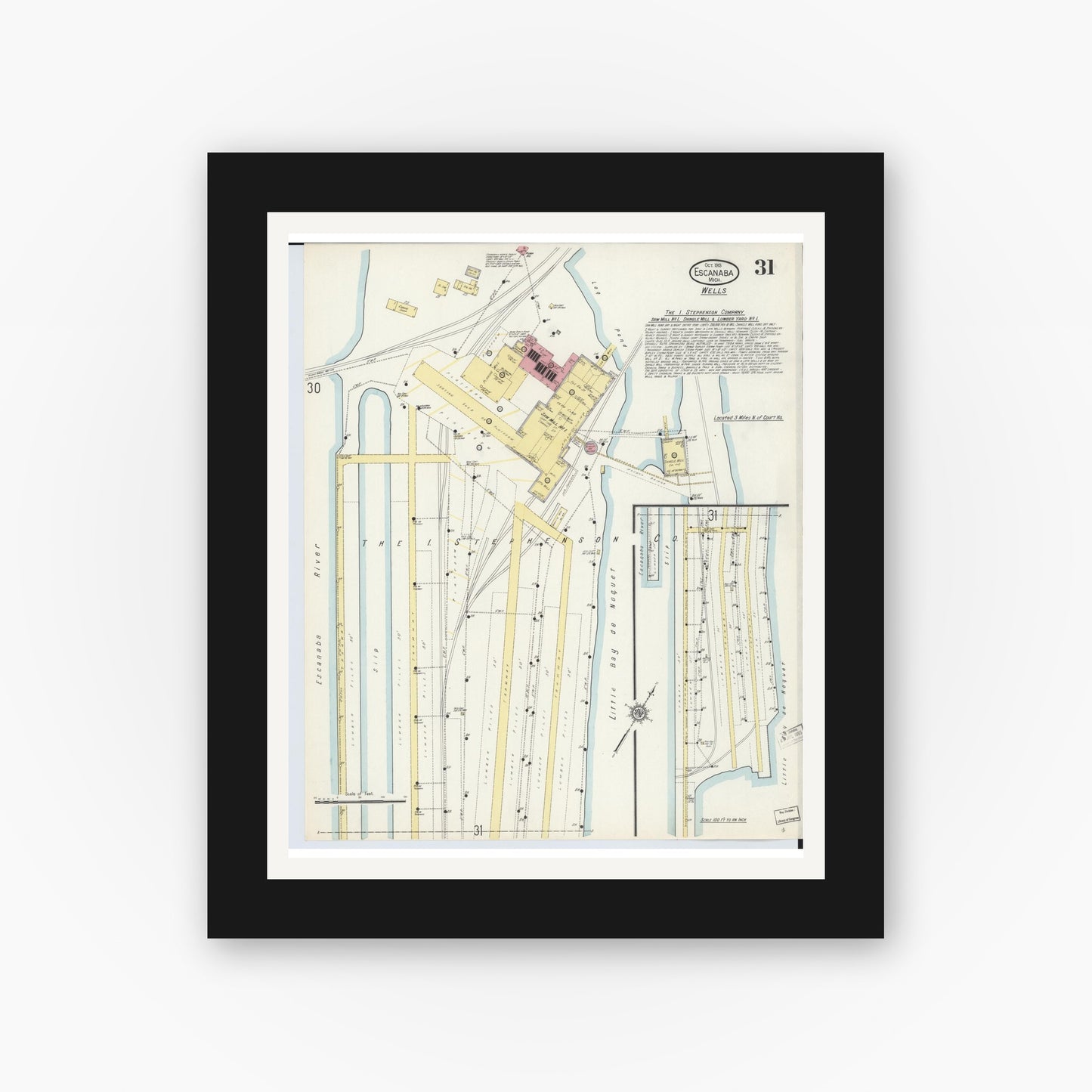 Old map wall art mockup — black gallery frame with white mat — Sanborn Fire Insurance Map from Escanaba, Delta County, Michigan (1913), Sheet #0031