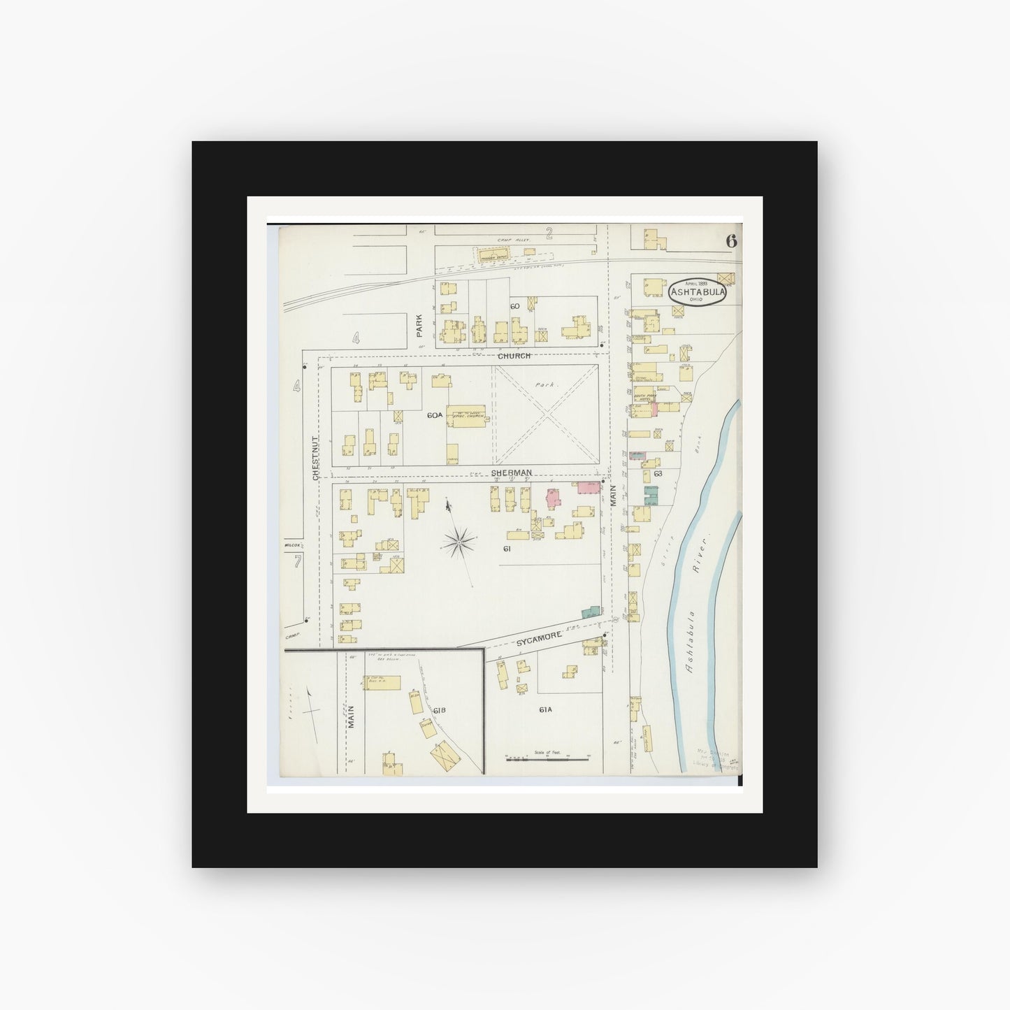 Old map wall art mockup — black gallery frame with white mat — Sanborn Fire Insurance Map from Ashtabula, Ashtabula County, Ohio (1893), Sheet #0006