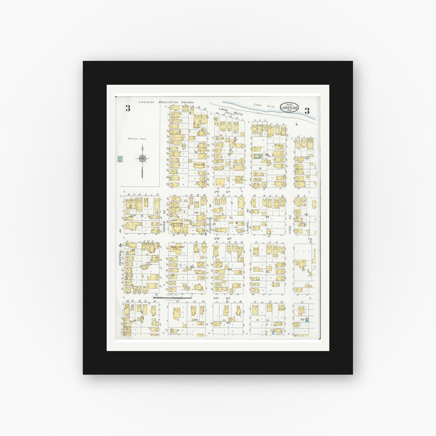 Old map wall art mockup — black gallery frame with white mat — Sanborn Fire Insurance Map from Lakeside, Ottawa County, Ohio (1927), Sheet #0003