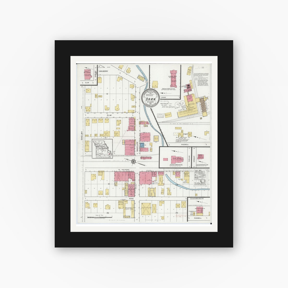 Old map wall art mockup — black gallery frame with white mat — Sanborn Fire Insurance Map from Oran, Scott County, Missouri (1919), Sheet #0001