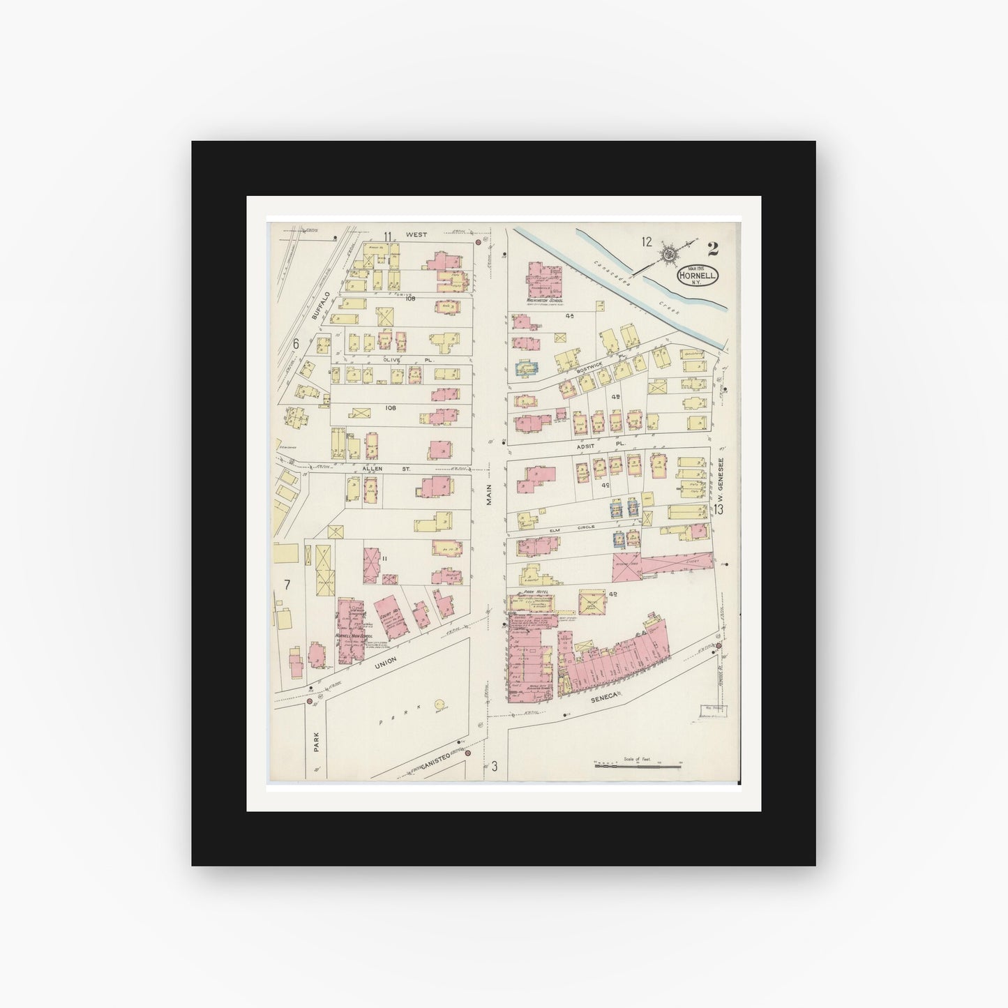 Old map wall art mockup — black gallery frame with white mat — Sanborn Fire Insurance Map from Hornell, Steuben County, New York (1915), Sheet #0002