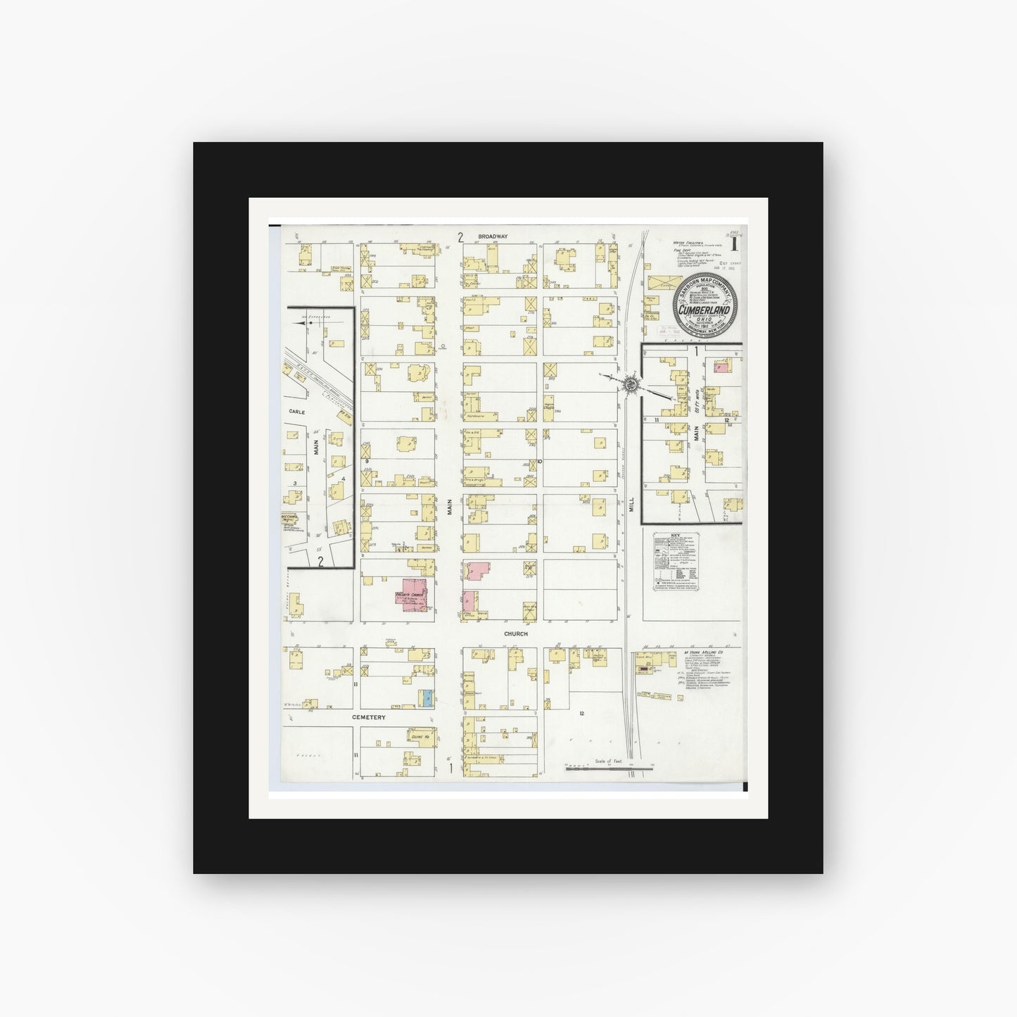 Old map wall art mockup — black gallery frame with white mat — Sanborn Fire Insurance Map from Cumberland, Guernsey County, Ohio (1911) - Complete Map Set