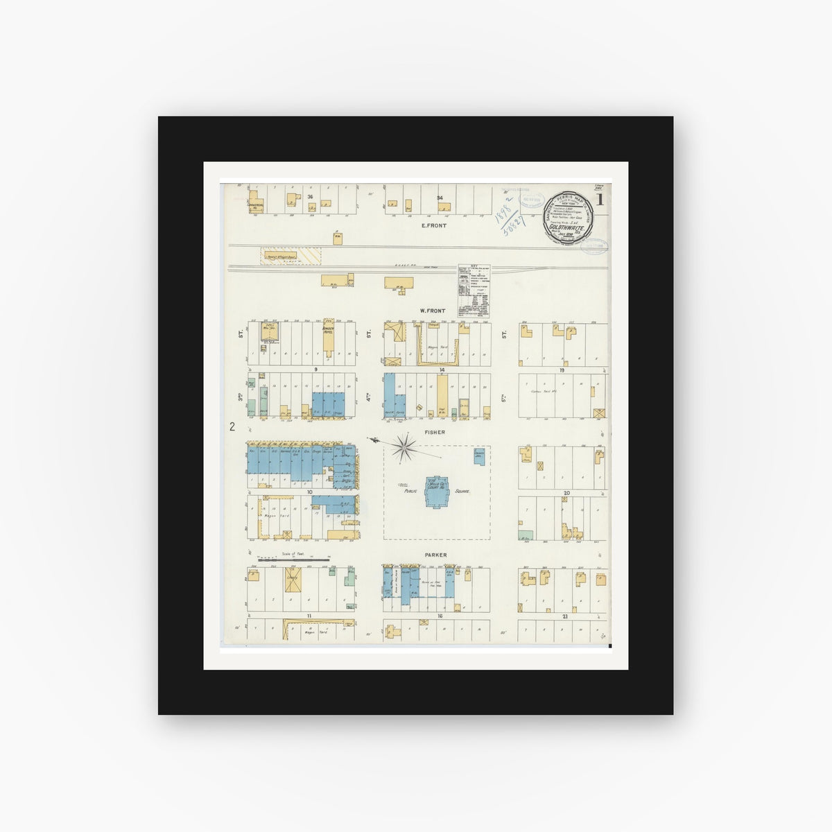 Old map wall art mockup — black gallery frame with white mat — Sanborn Fire Insurance Map from Goldthwaite, Mills County, Texas (1898) - Complete Map Set