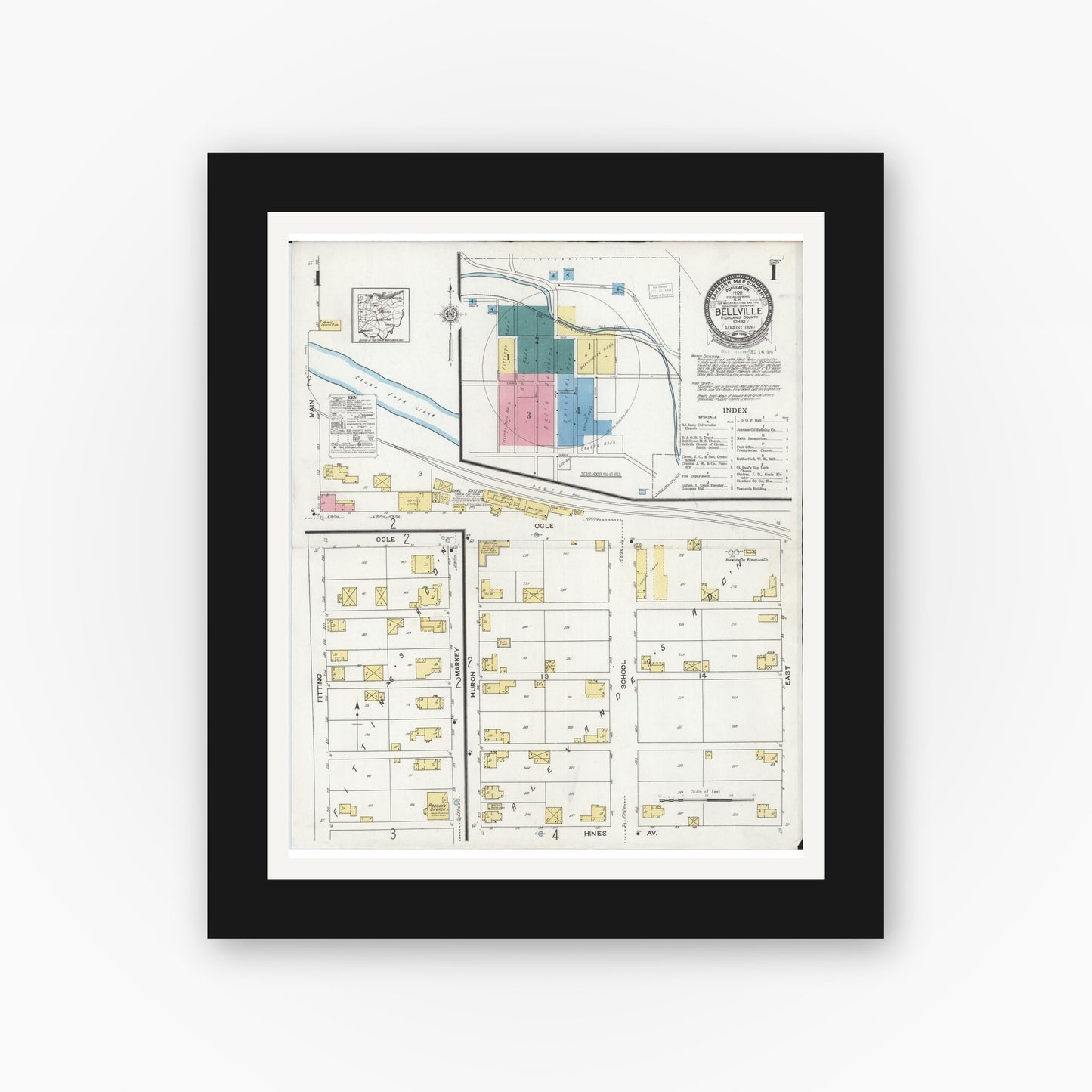 Old map wall art mockup — black gallery frame with white mat — Sanborn Fire Insurance Map from Bellville, Richland County, Ohio (1926), Sheet #0001