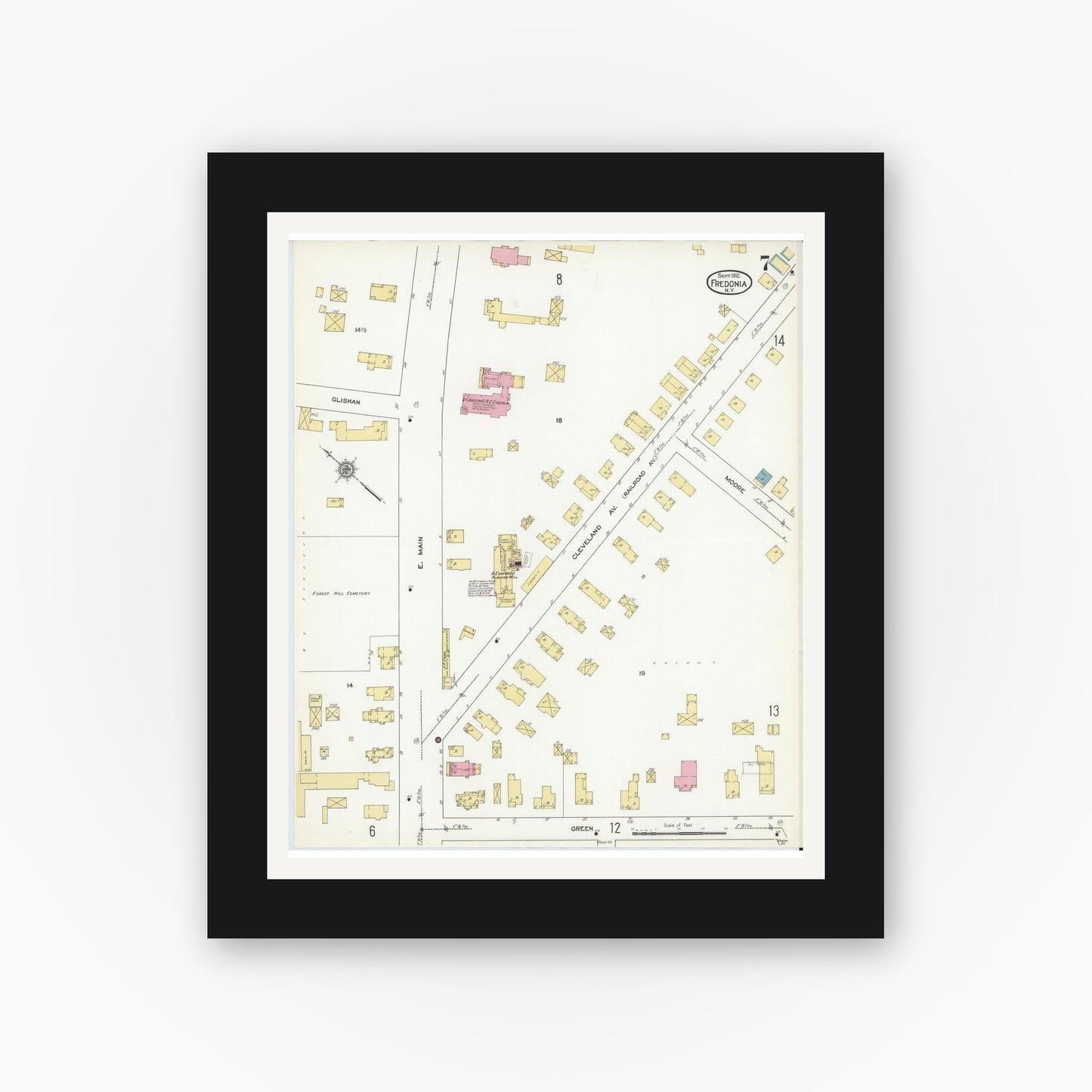Old map wall art mockup — black gallery frame with white mat — Sanborn Fire Insurance Map from Fredonia, Chautauqua County, New York (1912), Sheet #0007