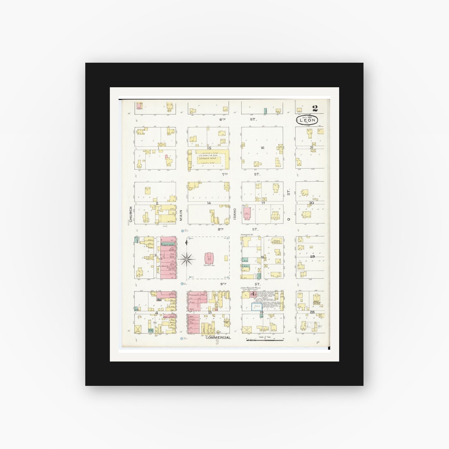 Old map wall art mockup — black gallery frame with white mat — Sanborn Fire Insurance Map from Leon, Decatur County, Iowa (1893), Sheet #0002