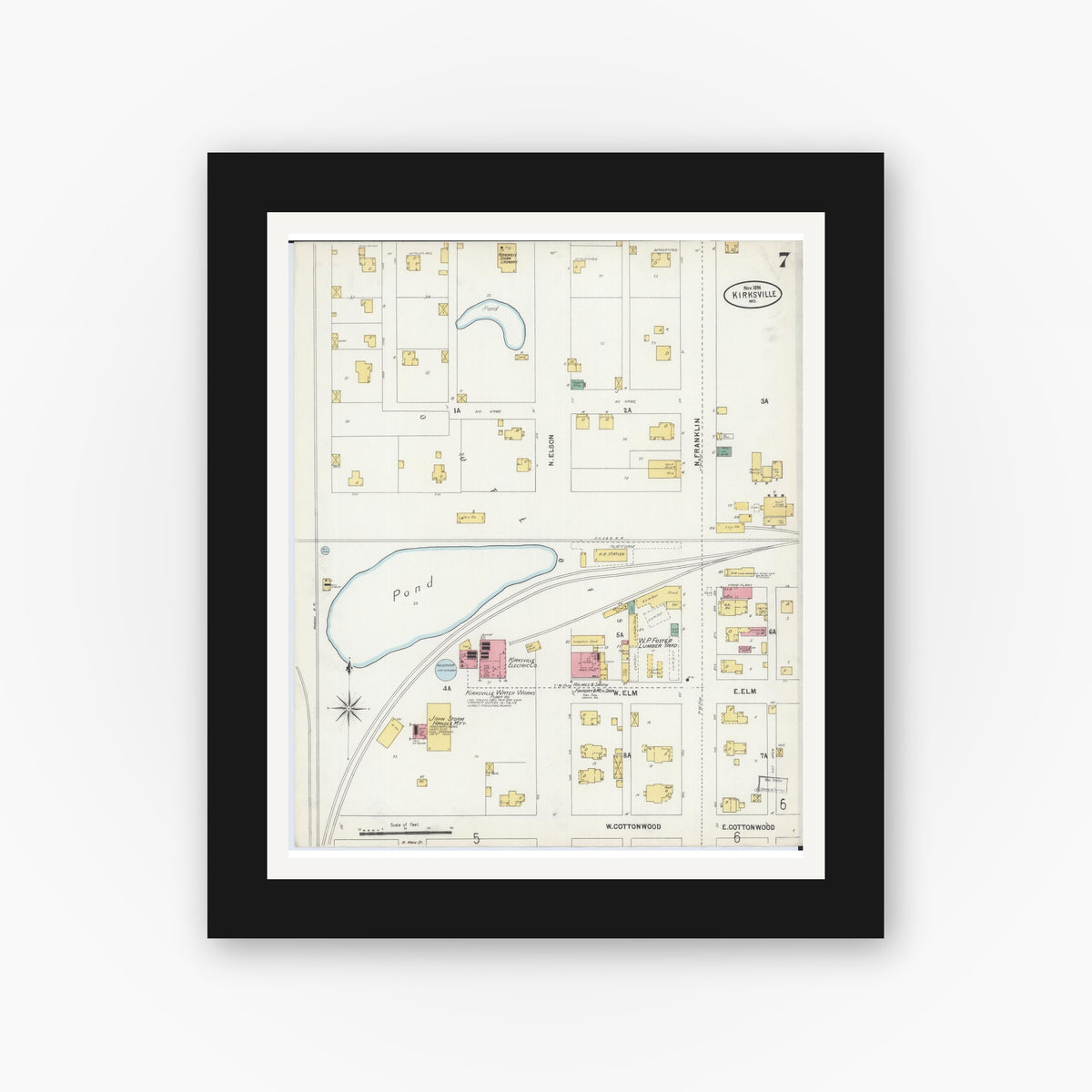 Old map wall art mockup — black gallery frame with white mat — Sanborn Fire Insurance Map from Kirksville, Adair County, Missouri (1898), Sheet #0007