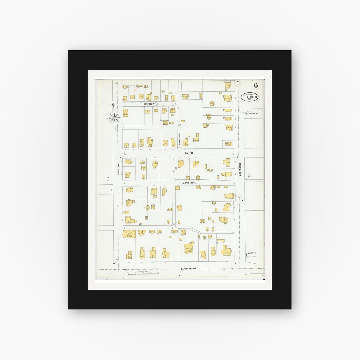 Old map wall art mockup — black gallery frame with white mat — Sanborn Fire Insurance Map from Hillsboro, Hill County, Texas (1900), Sheet #0006