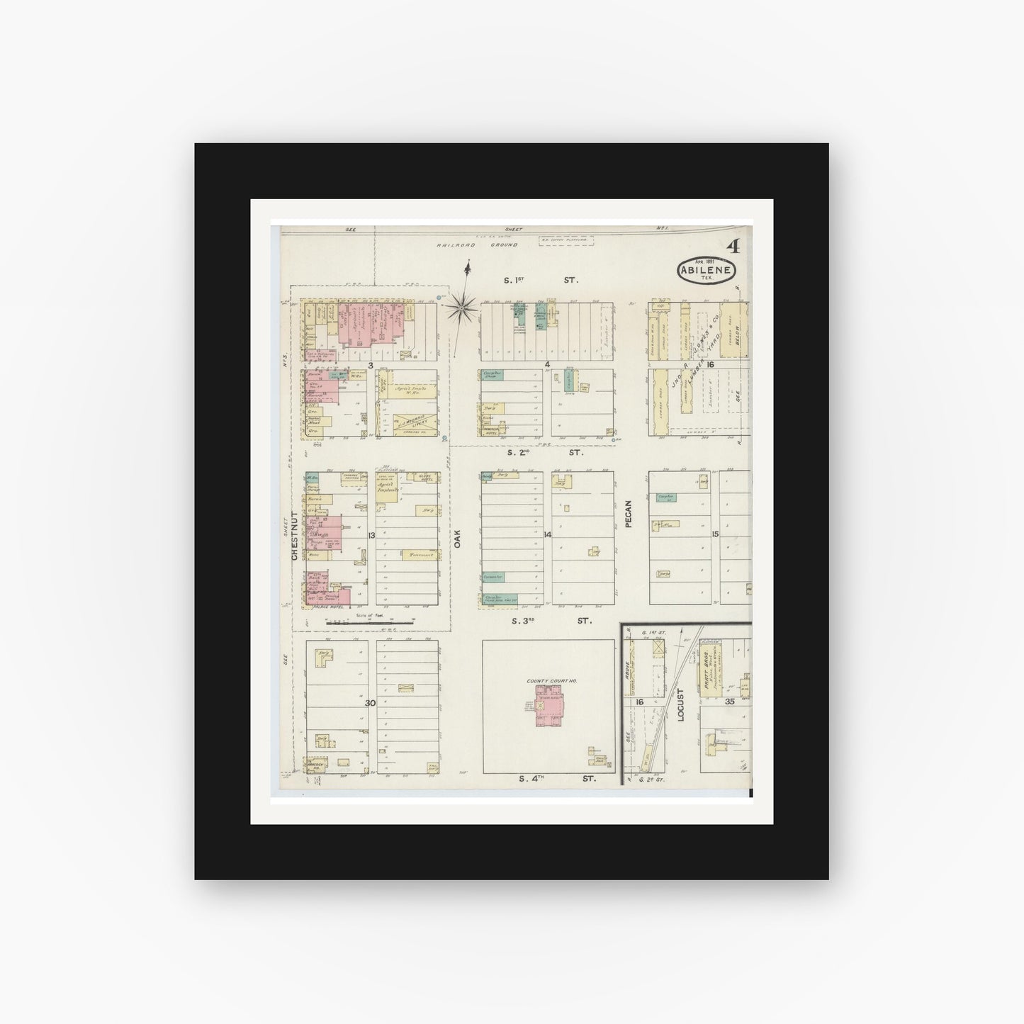 Old map wall art mockup — black gallery frame with white mat — Sanborn Fire Insurance Map from Abilene, Taylor County, Texas (1891), Sheet #0004