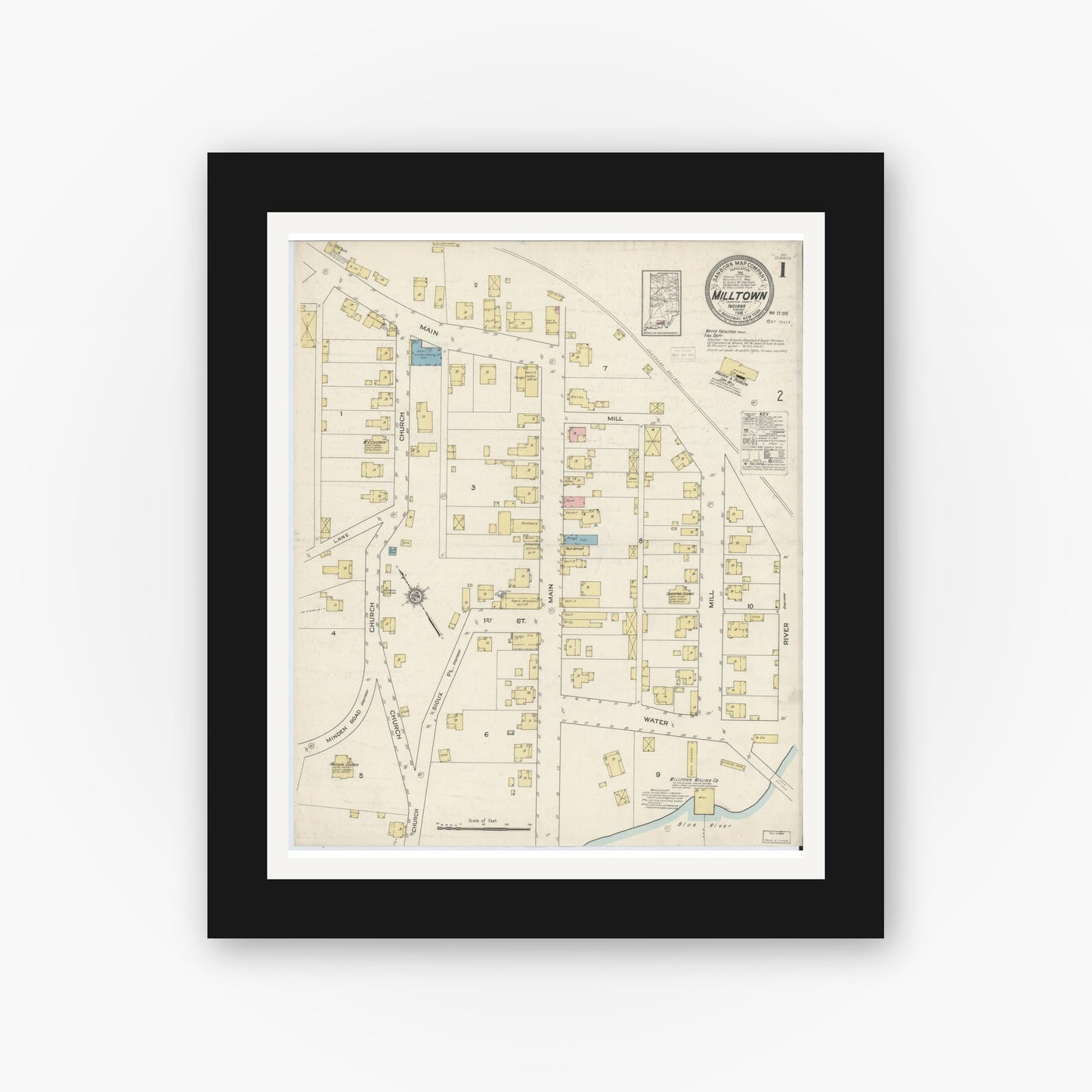 Old map wall art mockup — black gallery frame with white mat — Sanborn Fire Insurance Map from Milltown, Crawford And Harrison Counties, Indiana (1915), Sheet #0001