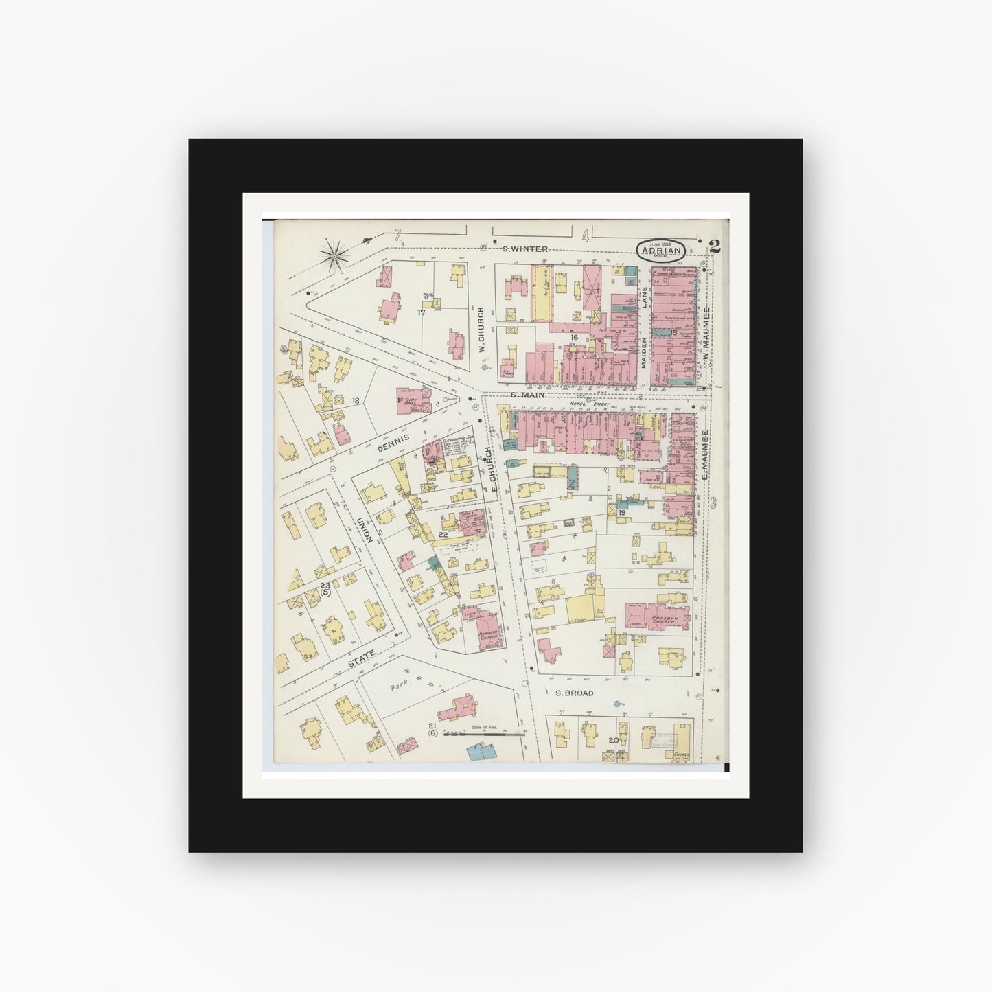 Old map wall art mockup — black gallery frame with white mat — Sanborn Fire Insurance Map from Adrian, Lenawee County, Michigan (1893), Sheet #0002