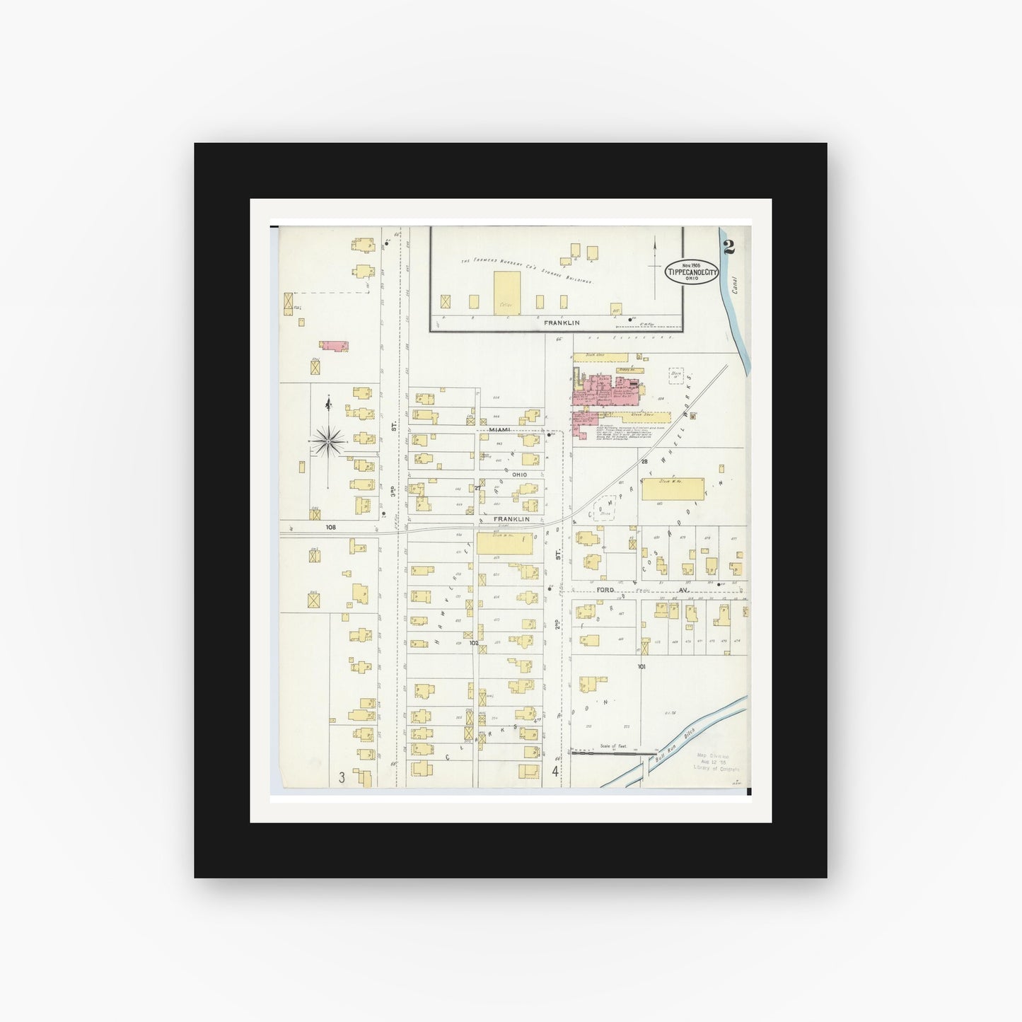 Old map wall art mockup — black gallery frame with white mat — Sanborn Fire Insurance Map from Tipp City, Miami County, Ohio (1905), Sheet #0002