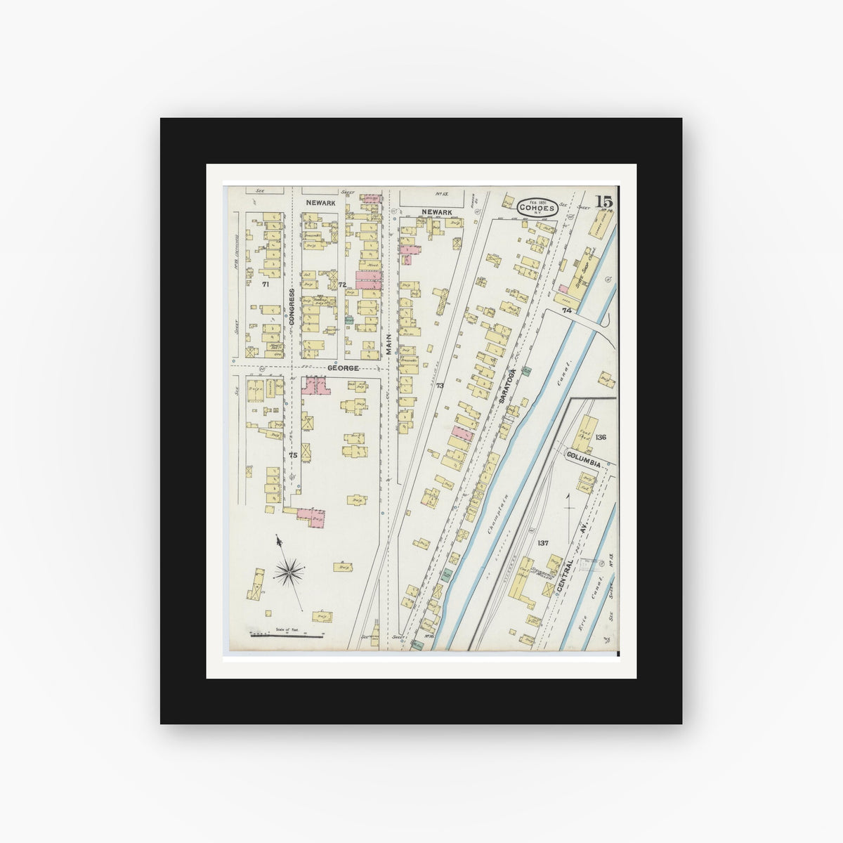 Old map wall art mockup — black gallery frame with white mat — Sanborn Fire Insurance Map from Cohoes, Albany County, New York (1891), Sheet #0015