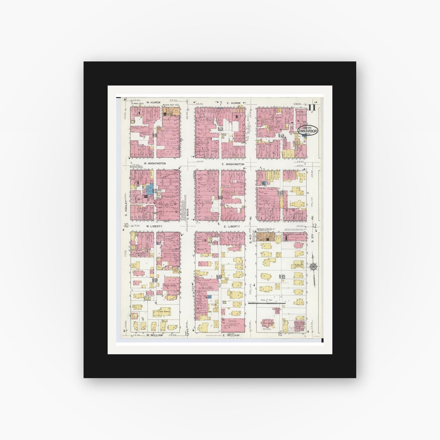 Old map wall art mockup — black gallery frame with white mat — Sanborn Fire Insurance Map from Ann Arbor, Washtenaw County, Michigan (1916), Sheet #0011