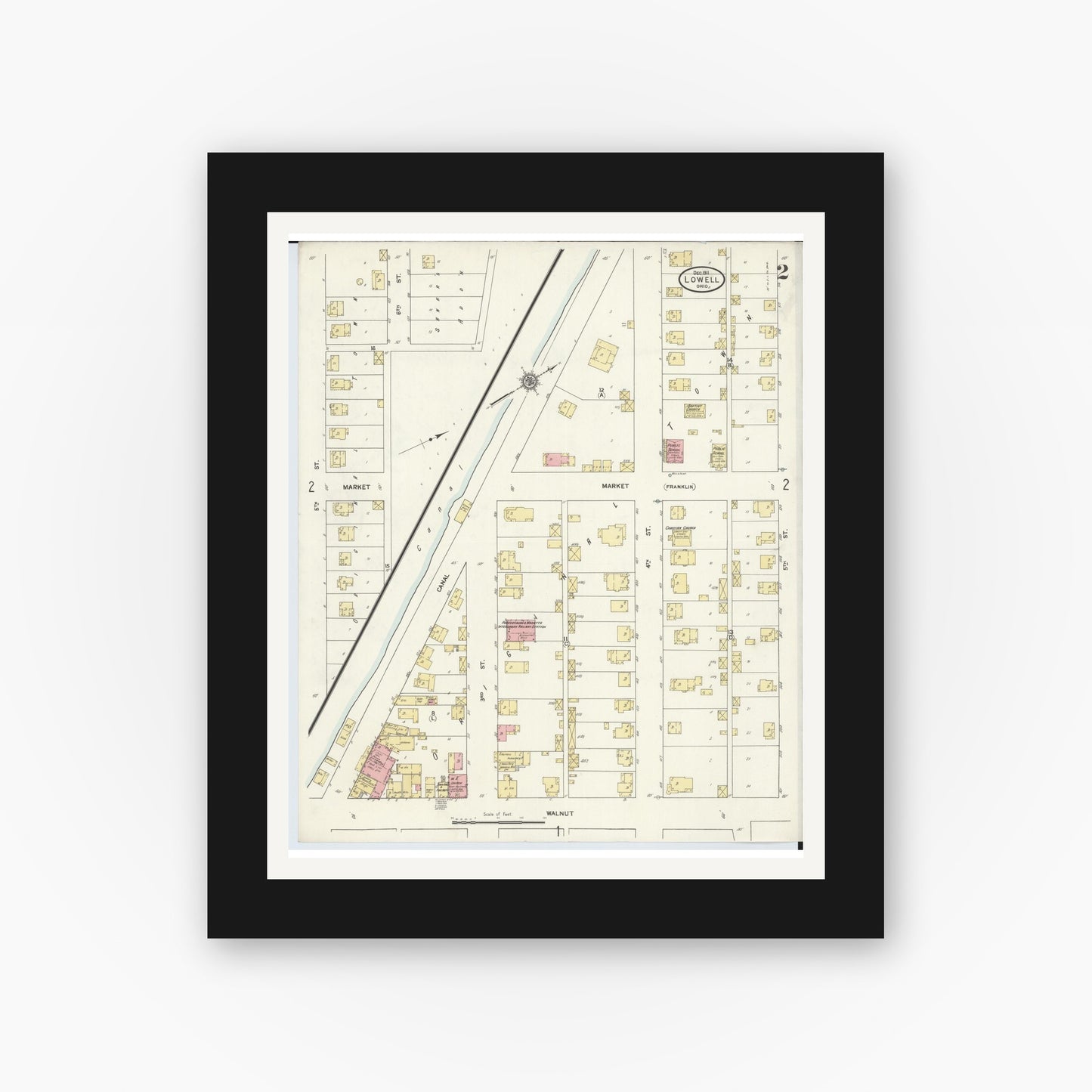 Old map wall art mockup — black gallery frame with white mat — Sanborn Fire Insurance Map from Lowell, Washington County, Ohio (1911), Sheet #0002