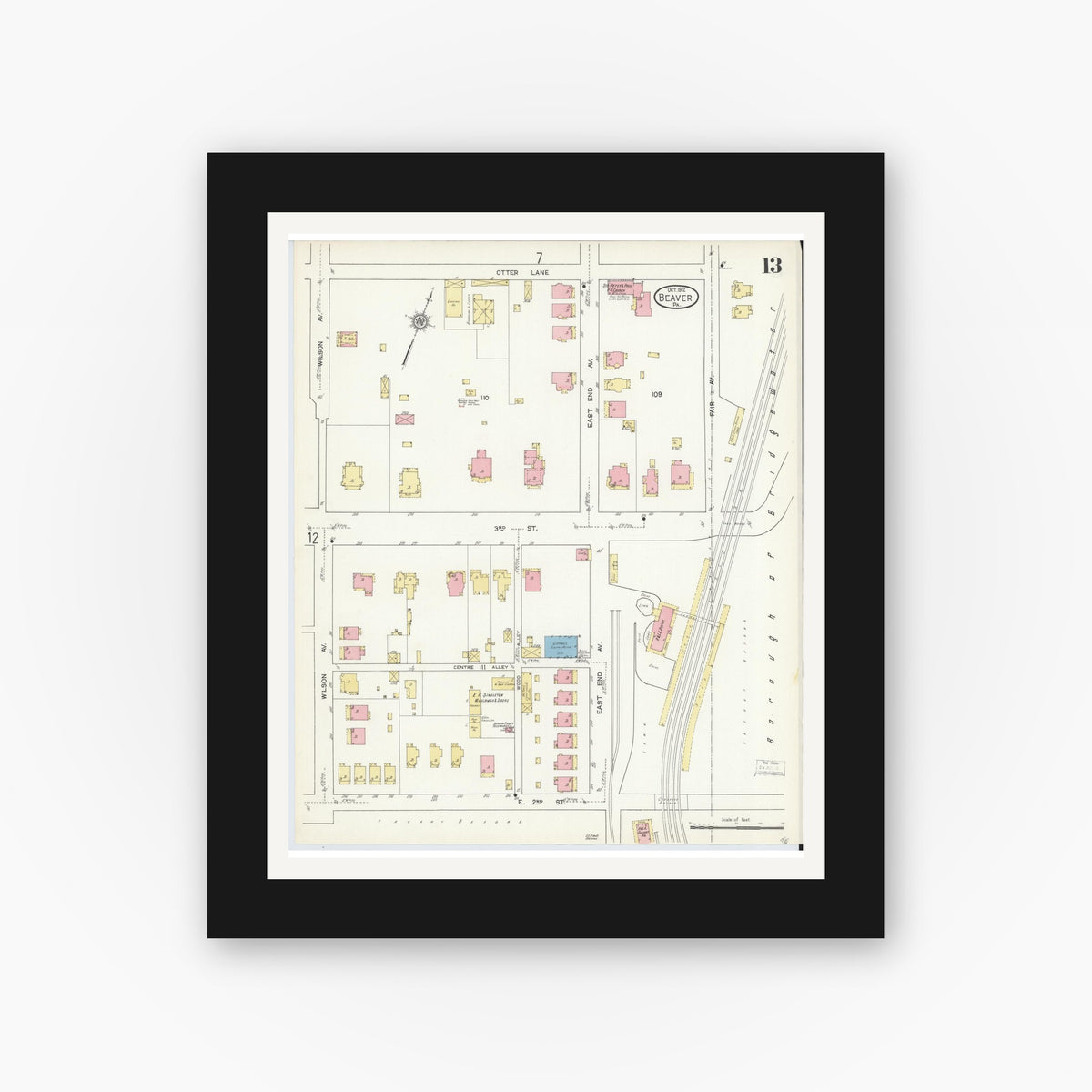 Old map wall art mockup — black gallery frame with white mat — Sanborn Fire Insurance Map from Beaver, Beaver County, Pennsylvania (1912), Sheet #0013