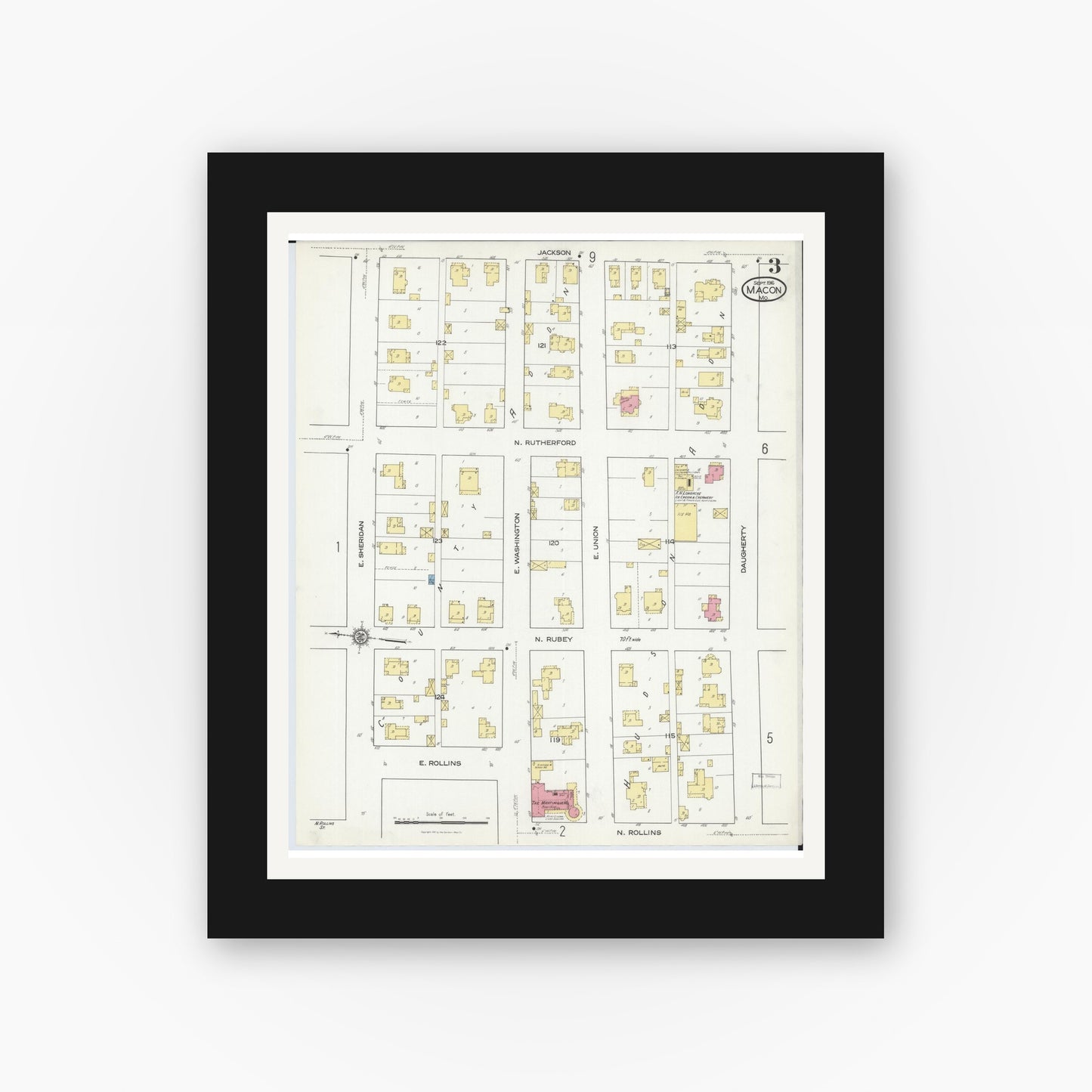Old map wall art mockup — black gallery frame with white mat — Sanborn Fire Insurance Map from Macon, Macon County, Missouri (1916), Sheet #0003