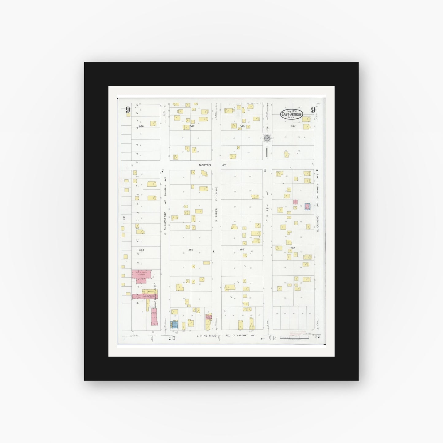 Old map wall art mockup — black gallery frame with white mat — Sanborn Fire Insurance Map from East Detroit, Macomb County, Michigan (1931), Sheet #0009