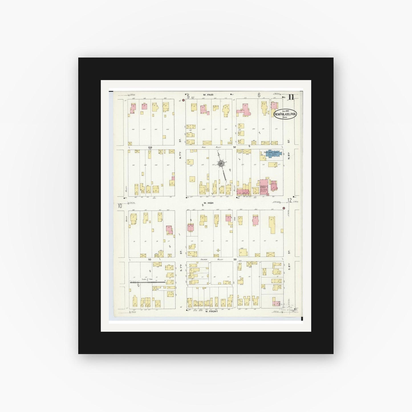 Old map wall art mockup — black gallery frame with white mat — Sanborn Fire Insurance Map from New Philadelphia, Tuscarawas County, Ohio (1910), Sheet #0011