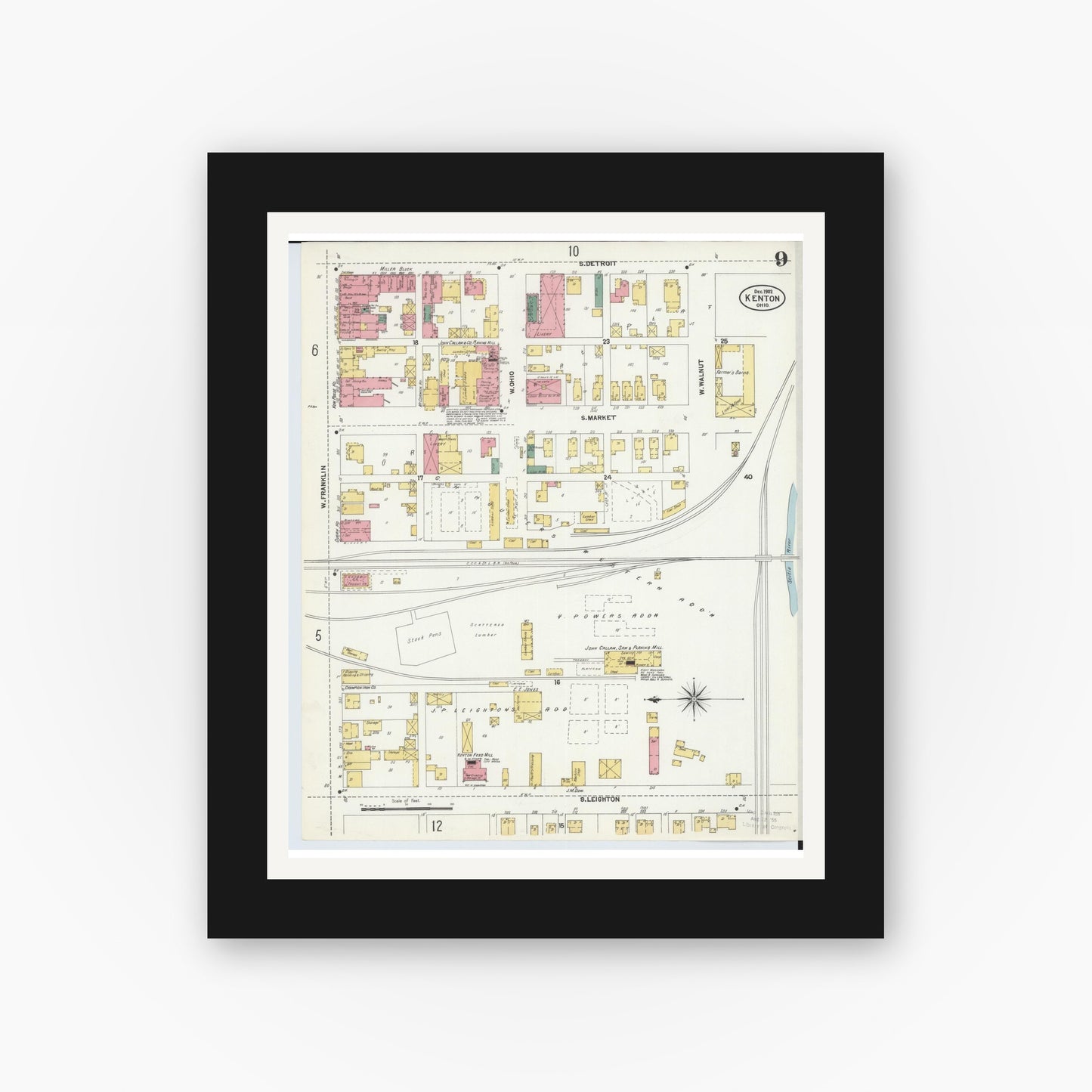 Old map wall art mockup — black gallery frame with white mat — Sanborn Fire Insurance Map from Kenton, Hardin County, Ohio (1902), Sheet #0009