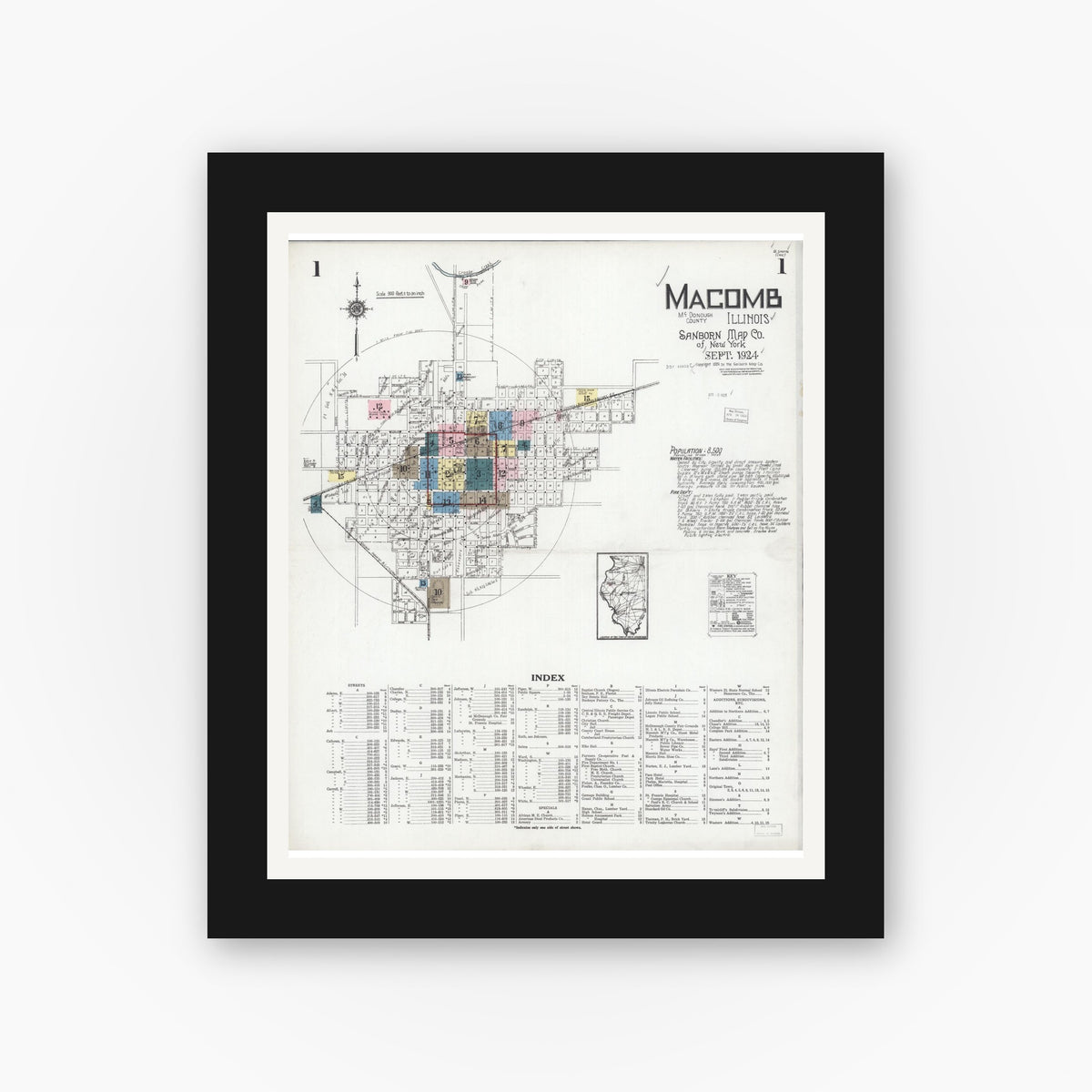 Old map wall art mockup — black gallery frame with white mat — Sanborn Fire Insurance Map from Macomb, Mcdonough County, Illinois (1924) - Complete Map Set