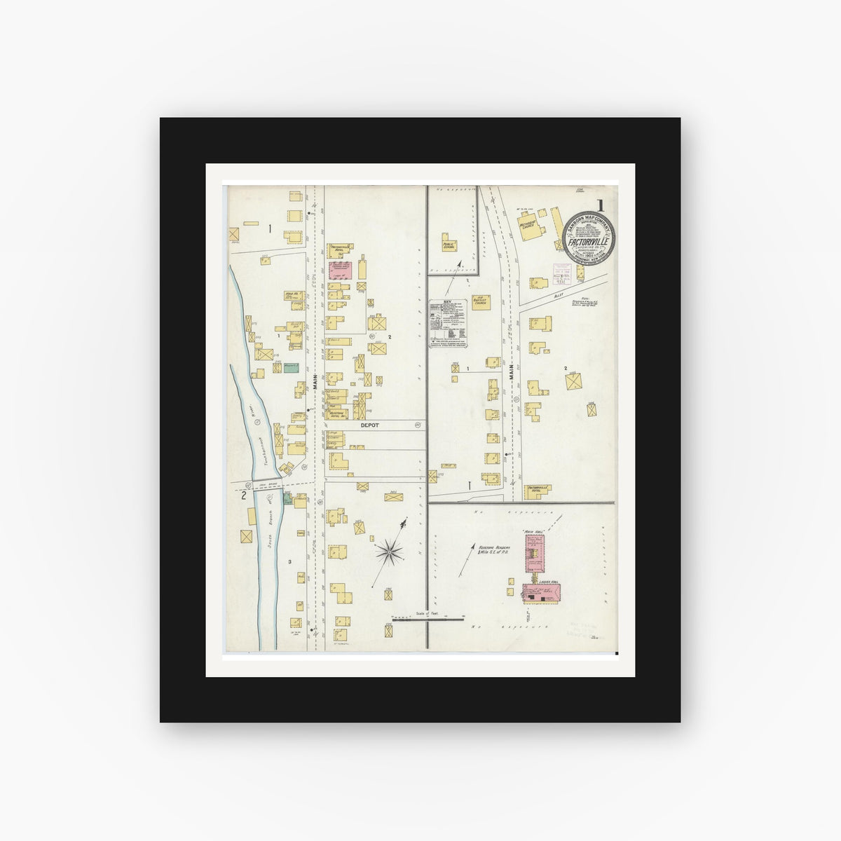 Old map wall art mockup — black gallery frame with white mat — Sanborn Fire Insurance Map from Factoryville, Wyoming County, Pennsylvania (1903), Sheet #0001