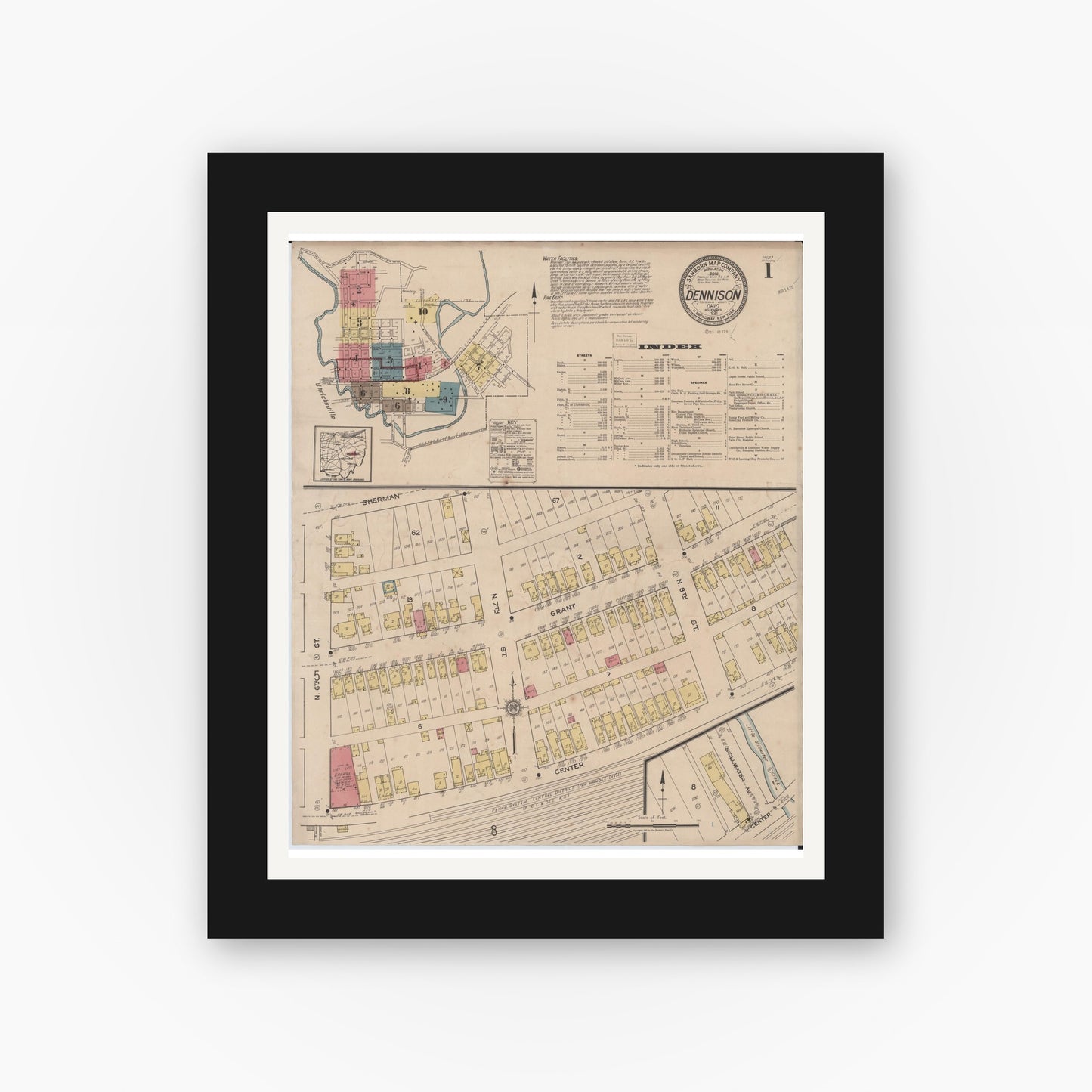 Old map wall art mockup — black gallery frame with white mat — Sanborn Fire Insurance Map from Dennison, Tuscarawas County, Ohio (1921) - Complete Map Set